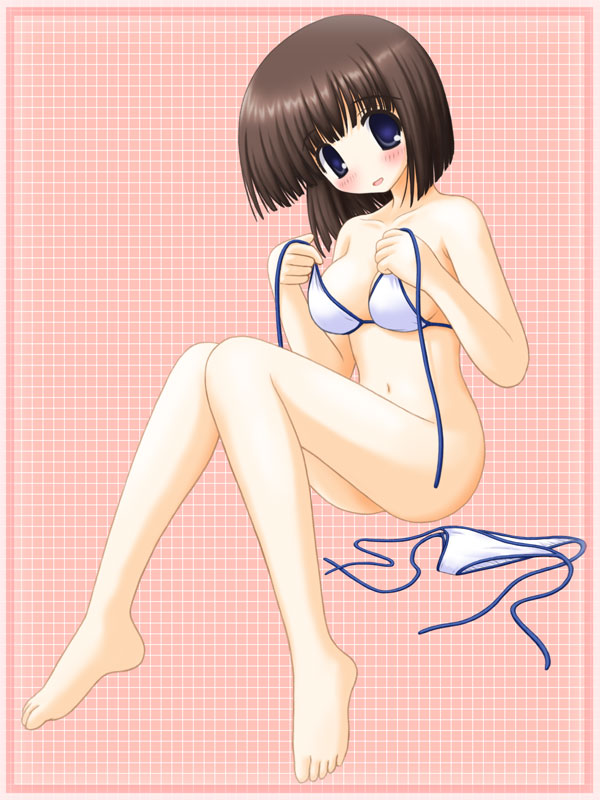 aoi akua, original, 1girl, bare shoulders, barefoot, bikini, blue eyes, blush, bottomless, brown hair, collarbone, female focus, navel, open mouth, sitting, solo, swimsuit, undressing, unworn bikini bottom, white bikini