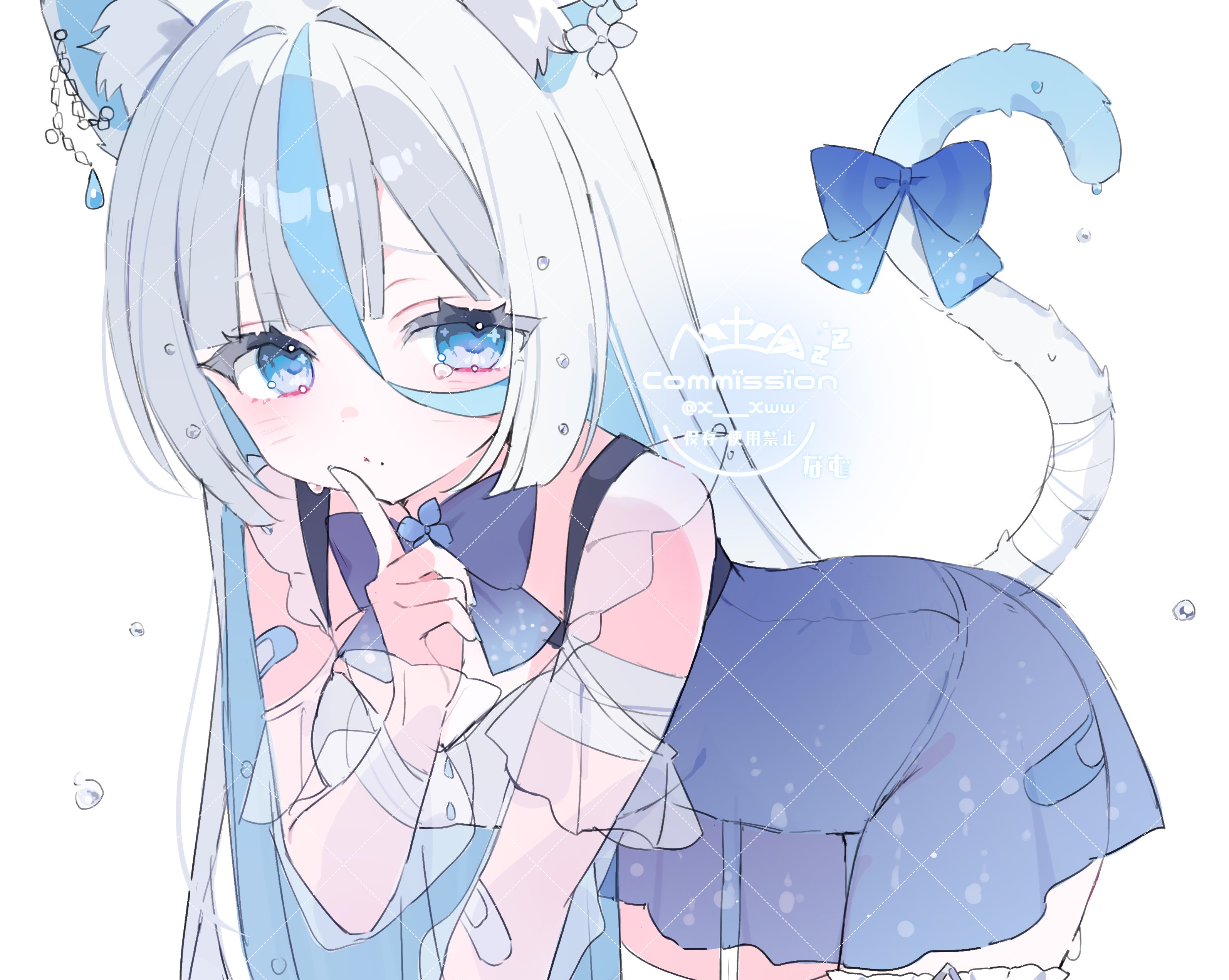 x xww, original, absurdres, commission, highres, skeb commission, 1girl, animal ears, bandages, bandaid, bandaid on arm, blue bow, blue eyes, blue hair, bow, cat ears, cat girl, cat tail, dress, long hair, looking at viewer, mole, mole under mouth, multicolored hair, see-through clothes, see-through sleeves, solo, tail, white hair