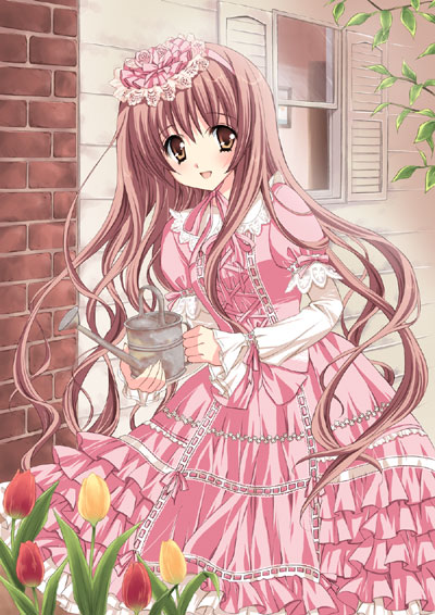 yukiwo, original, 1girl, :d, brown eyes, brown hair, chin strap, dress, female focus, flower, frilled dress, frills, garden, holding, leaning forward, lolita fashion, long hair, long sleeves, looking at viewer, open mouth, pink dress, ribbon-trimmed clothes, ribbon trim, smile, solo, sweet lolita, tulip, very long hair, watering can, window