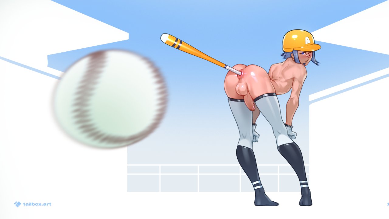 tailbox, original, 1boy, anal, anal object insertion, anus, anus hold, ball, baseball, baseball (object), baseball bat, full body, gloves, male focus, motion blur, object insertion, penis, short hair, solo, standing, testicles, two-tone thighhighs, white gloves