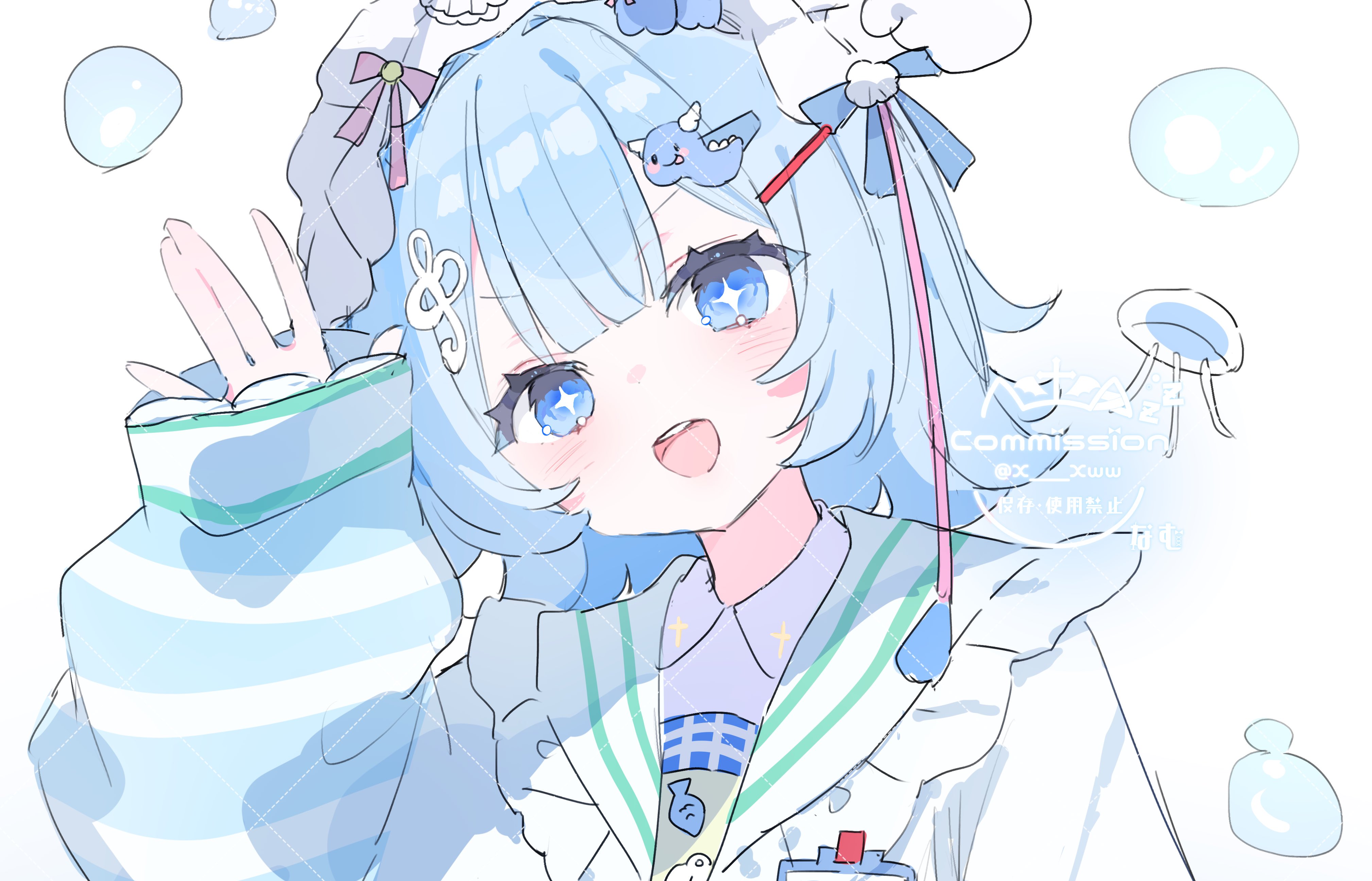 x xww, original, absurdres, commission, highres, skeb commission, 1girl, blue eyes, blue hair, blue shirt, blue theme, blunt bangs, blush, collared shirt, fortissimo, frilled sailor collar, frills, hair ornament, hairclip, hand up, long sleeves, looking at viewer, maid headdress, musical note, musical note hair ornament, name tag, open mouth, ribbon, sailor collar, shirt, smile, solo, symbol-shaped pupils, teeth, upper body, upper teeth only, watermark, white background, white headdress, wing hair ornament