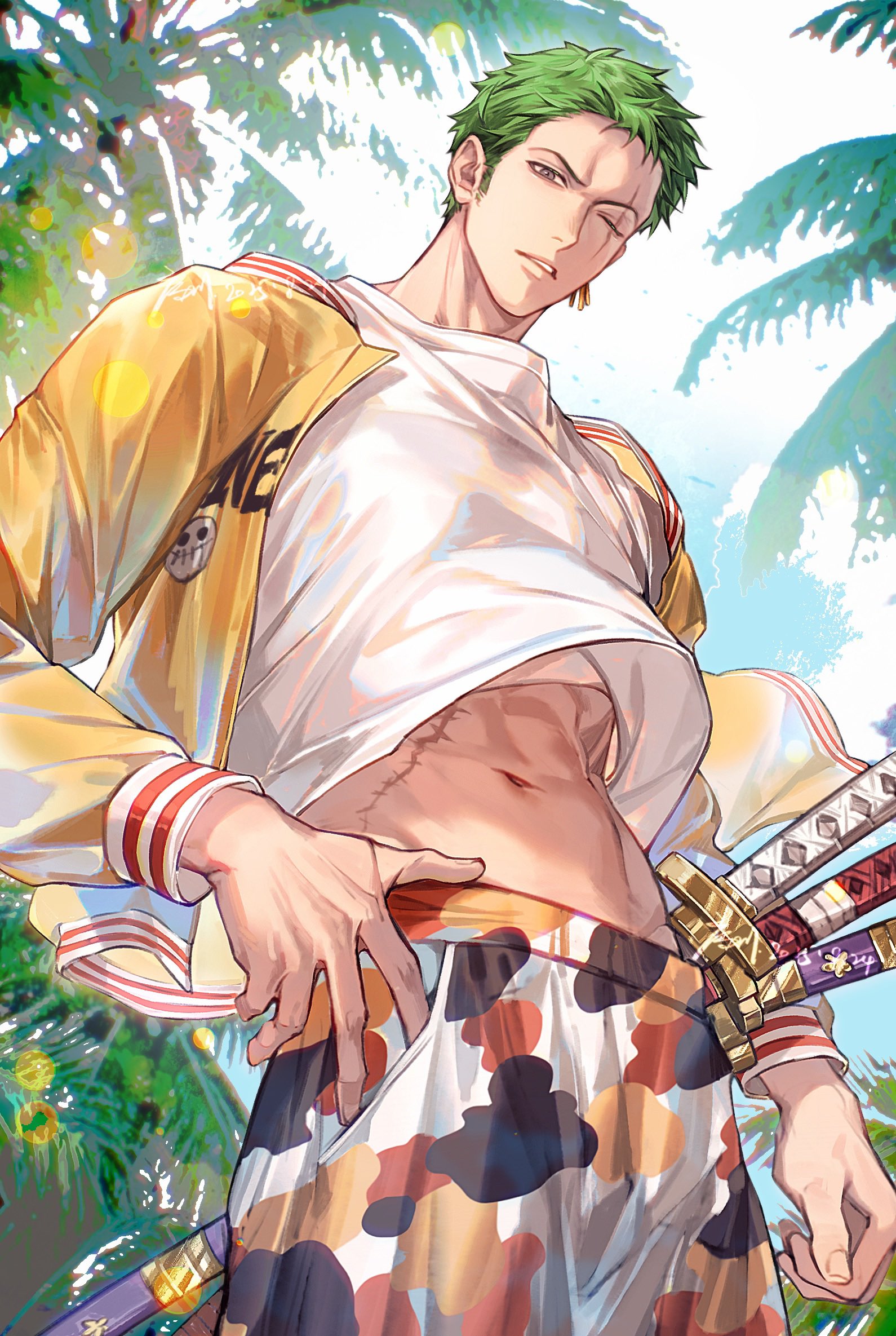 xuchuan, roronoa zoro, one piece, commentary, highres, 1boy, abs, artist name, cowboy shot, dated, day, from below, green hair, hand on own hip, jacket, katana, looking at viewer, male focus, midriff, navel, one eye closed, open clothes, open jacket, outdoors, palm tree, parted lips, scar, scar across eye, scar on face, sheath, sheathed, shirt, short hair, solo, stitched torso, stitches, sword, tree, weapon, white shirt, yellow jacket