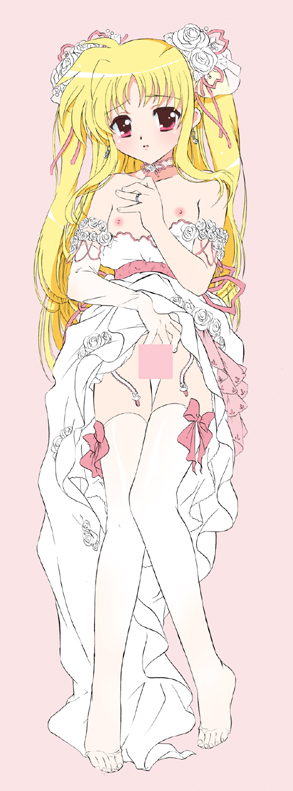 anko koubou, fate testarossa, lyrical nanoha, mahou shoujo lyrical nanoha, 00s, 1girl, blonde hair, blush, bride, censored, choker, dress, elbow gloves, female focus, flat chest, flower, garter belt, gloves, lingerie, nipples, no panties, ribbon, solo, thighhighs, underwear, wedding dress