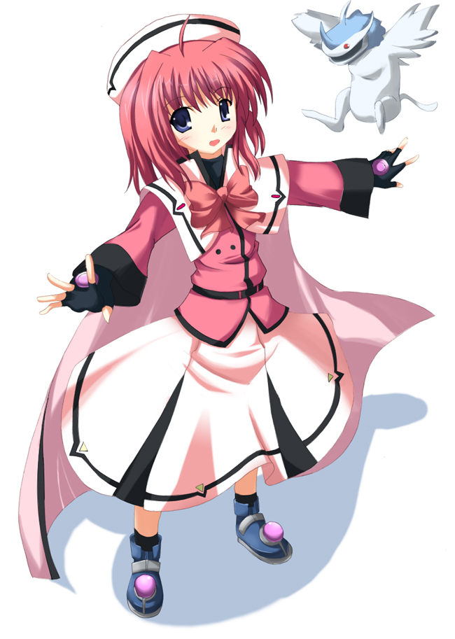 odaya, odayan, caro ru lushe, friedrich (nanoha), kerykeion (nanoha), lyrical nanoha, mahou shoujo lyrical nanoha, mahou shoujo lyrical nanoha strikers, uniform, 00s, 1girl, ahoge, bad anatomy, beret, blue eyes, boots, bow, cape, coat, creature, dragon, female focus, fingerless gloves, full body, gloves, hat, long hair, looking at viewer, magical girl, outstretched arms, pink bow, pink hair, poorly drawn, skirt, smile, solo, spread arms, standing