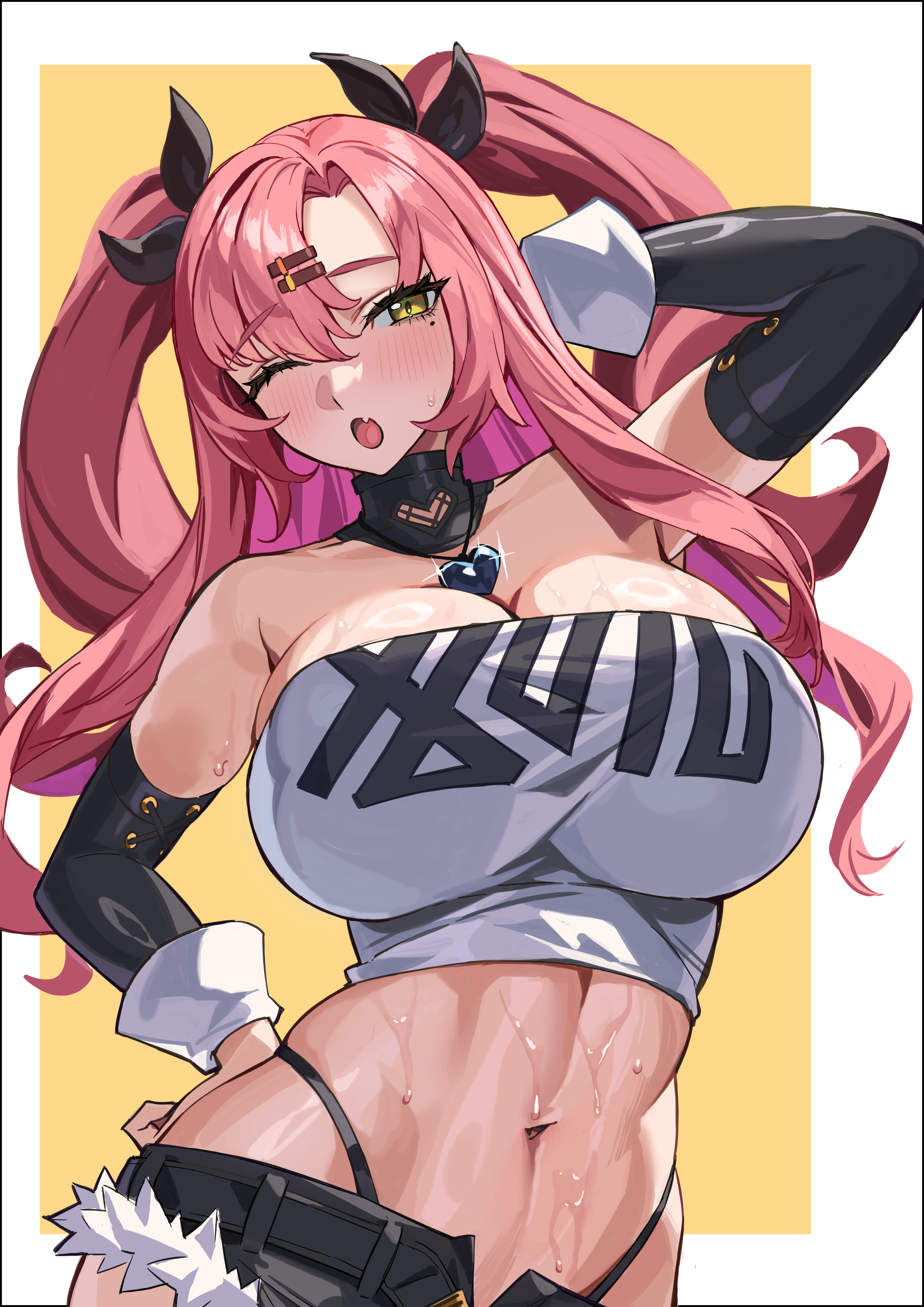 ryofu (pixiv12347507), nicole demara, zenless zone zero, absurdres, highres, 1girl, black ribbon, black shorts, black sleeves, blush, breasts, clothing cutout, crop top, cutoffs, detached sleeves, earrings, fang, hair ornament, hairclip, hand on own head, hand on own hip, heart, heart earrings, heart necklace, jewelry, large breasts, micro shorts, mole, mole under eye, navel, necklace, one eye closed, open mouth, pink hair, ribbon, shorts, shoulder cutout, strapless, sweat, tube top, unbuttoned, wet, white tube top, yellow background