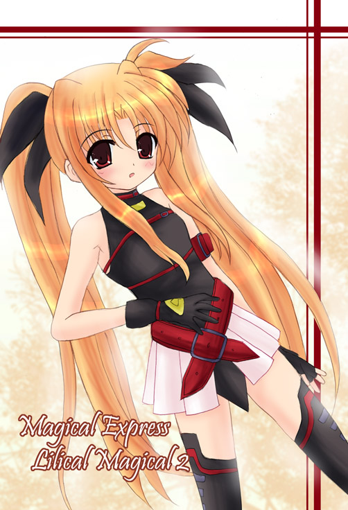 shaian, fate testarossa, fate testarossa (lightning form), lyrical nanoha, mahou shoujo lyrical nanoha, 00s, 1girl, blonde hair, female focus, long hair, solo, thighhighs, twintails, very long hair