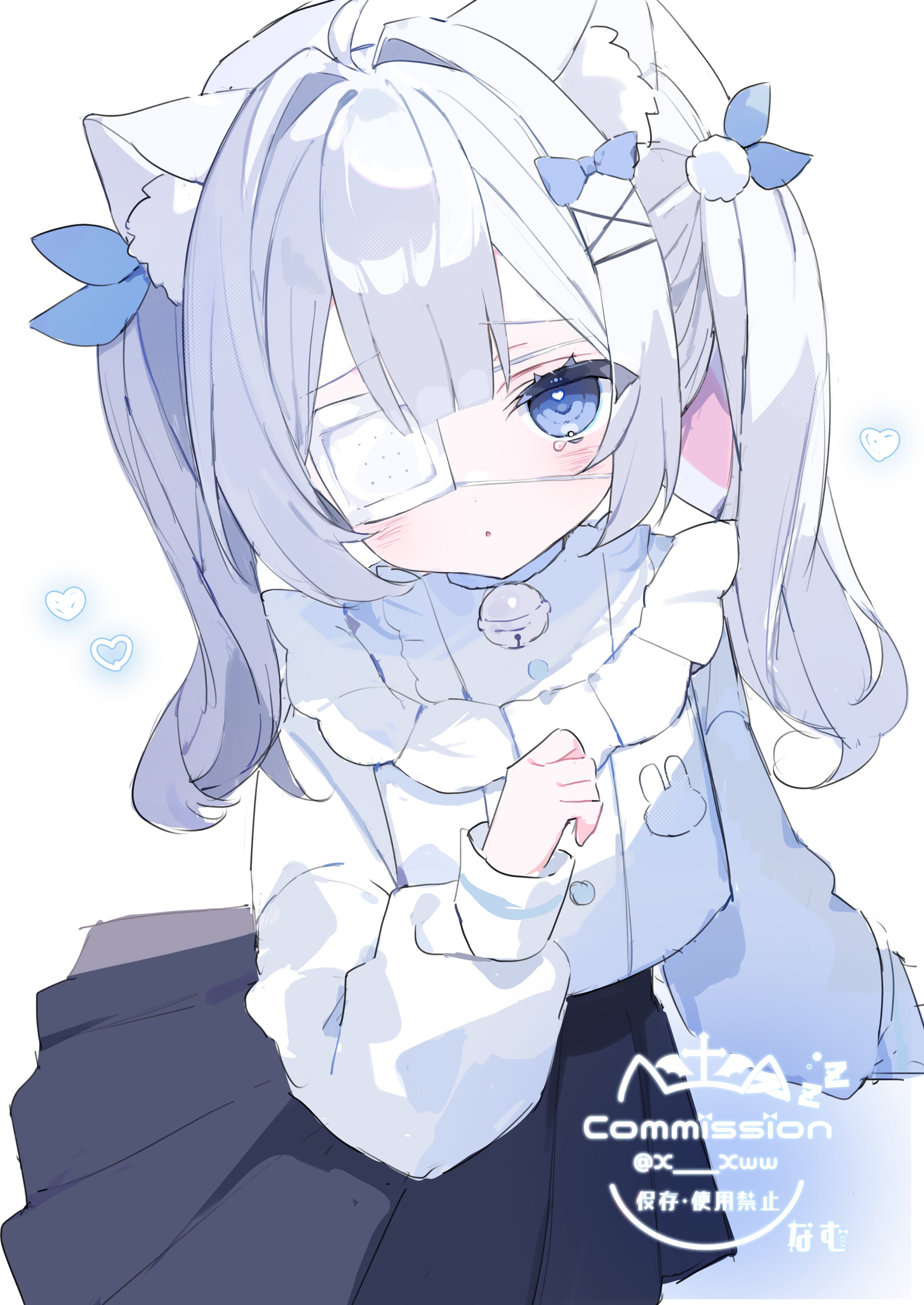 x xww, original, absurdres, commission, highres, skeb commission, 1girl, :o, animal ear fluff, animal ears, bell, black skirt, blue eyes, blush, cat ears, eyepatch, grey hair, hair ornament, heart, jingle bell, long hair, long sleeves, looking at viewer, medical eyepatch, neck bell, parted lips, pleated skirt, puffy long sleeves, puffy sleeves, shirt, simple background, skirt, solo, twintails, white background, white shirt, x hair ornament
