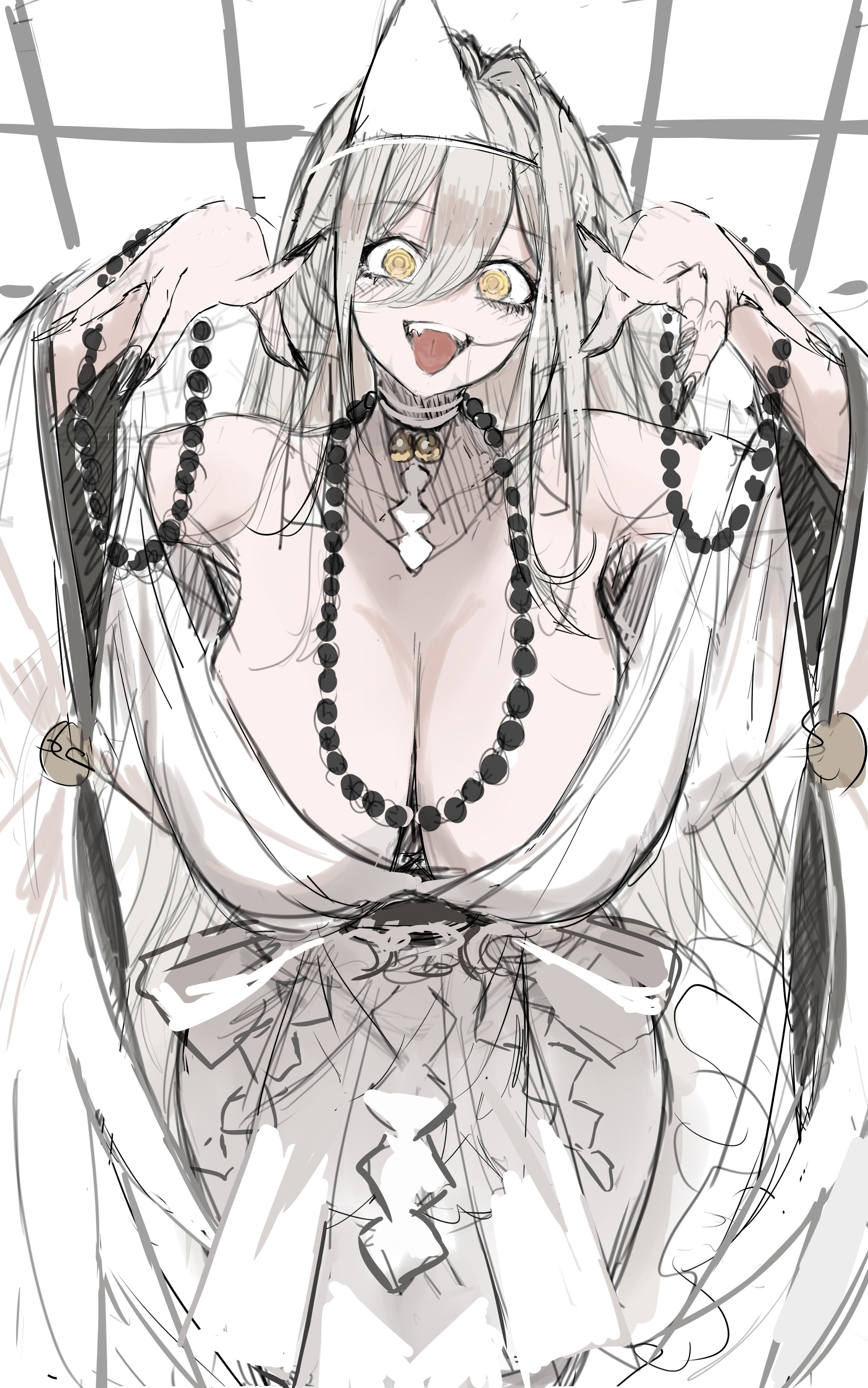 dishwasher1910, hakuhou (azur lane), azur lane, absurdres, highres, 1girl, ahoge, bare shoulders, breasts, cleavage, hair intakes, large breasts, long hair, looking at viewer, solo, white hair, yellow eyes
