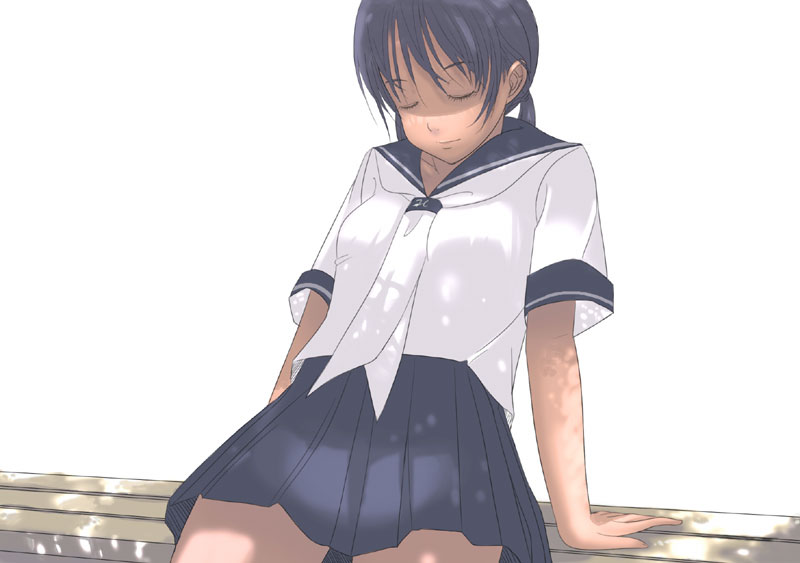 kiriman (souldeep), 1girl, ascot, bench, black hair, closed eyes, female focus, leaning back, school uniform, serafuku, shade, simple background, sitting, skirt, solo, tan, twintails, u u, white background