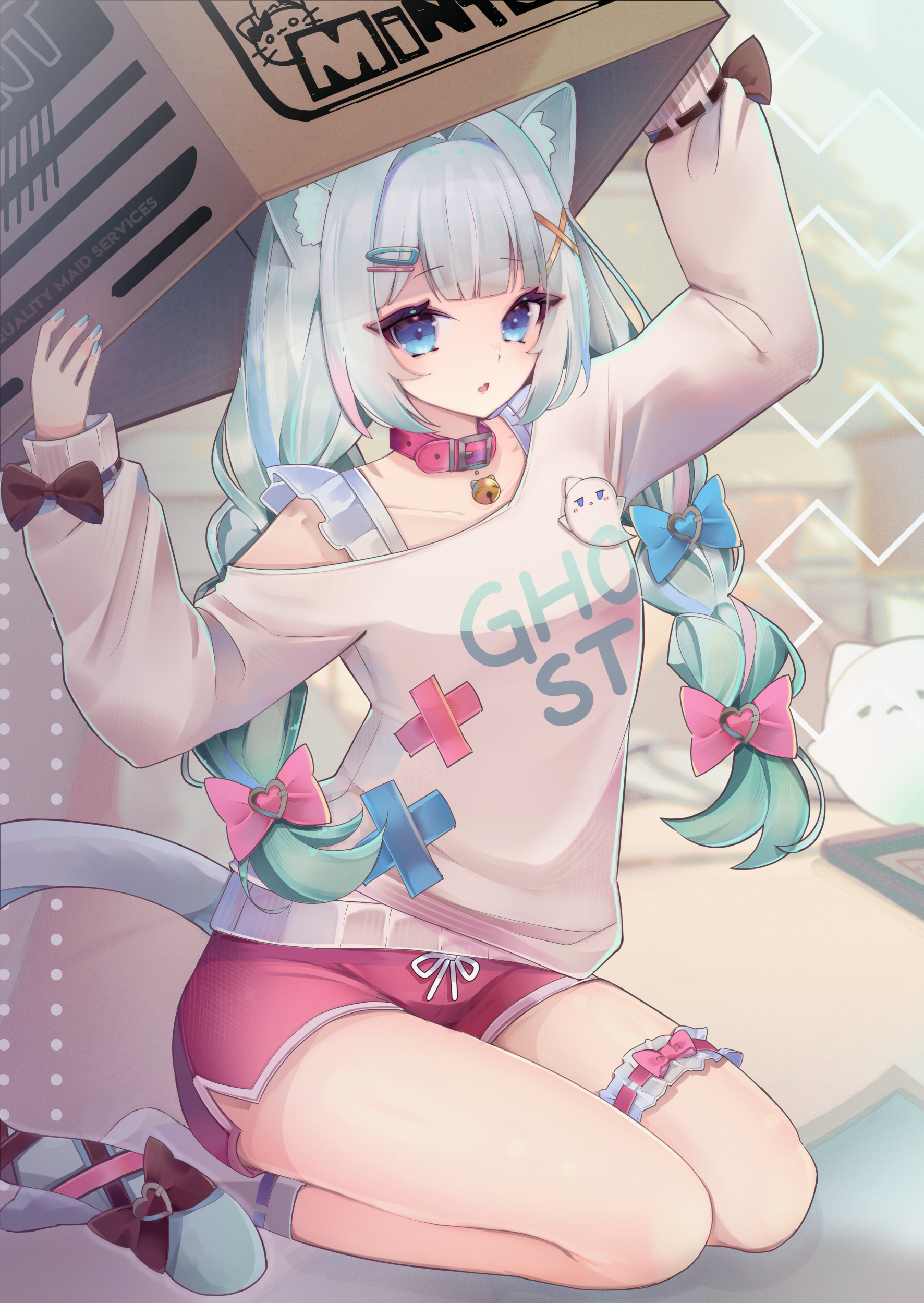 tundrea, mint fantome, mint fantome (otaku), indie virtual youtuber, absurdres, highres, 1girl, animal collar, animal ears, bell, blue bow, blue eyes, blush, bow, box, cat ears, cat tail, collar, dolphin shorts, frills, gradient hair, hair bow, hair ornament, holding, long hair, long sleeves, looking at viewer, multicolored hair, no shoes, open mouth, pink bow, pink shorts, print shirt, shirt, shorts, sitting, solo, sweater, tail, tail bow, tail ornament, thighs, virtual youtuber, white hair, x hair ornament