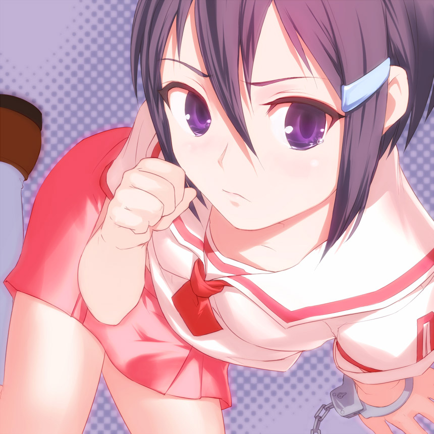 uni (plastic girl), zenigata mawari, seto no hanayome, 00s, 1girl, cuffs, female focus, from above, hair ornament, hairclip, handcuffs, necktie, purple eyes, purple hair, school uniform, serafuku, short hair, skirt, solo, tears