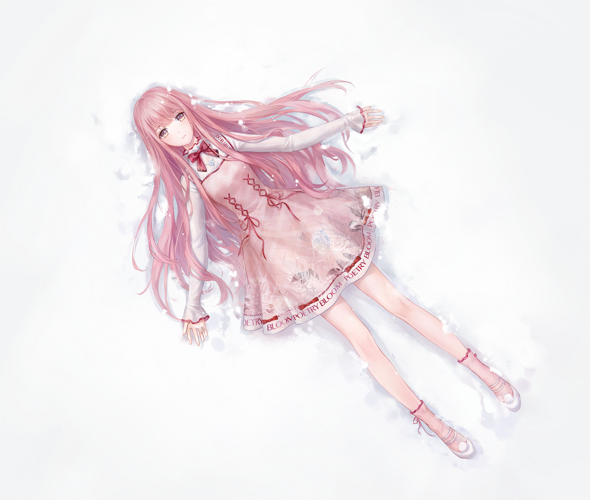 bloom poetry (shining nikki), nikki (nikki), nikki (series), shining nikki, artist request, game cg, highres, non-web source, official art, 1girl, ankle socks, bow, bowtie, brown eyes, collared shirt, cross-laced clothes, cross-laced dress, dot nose, dress, dress ribbon, expressionless, eyelashes, floral print, frilled shirt collar, frilled sleeves, frills, full body, hair spread out, high collar, knees, light blush, long hair, long sidelocks, long sleeves, looking at viewer, lying, on back, on ground, parted lips, pinafore dress, pink dress, pink hair, pink socks, plaid clothes, plaid dress, pom pom (clothes), red bow, red bowtie, red ribbon, ribbon, ribbon legwear, shadow, shirt, shoes, short dress, sidelocks, sleeveless, sleeveless dress, sleeves past wrists, snow, snowflake necklace, socks, solo, very long hair, white shirt, white shoes