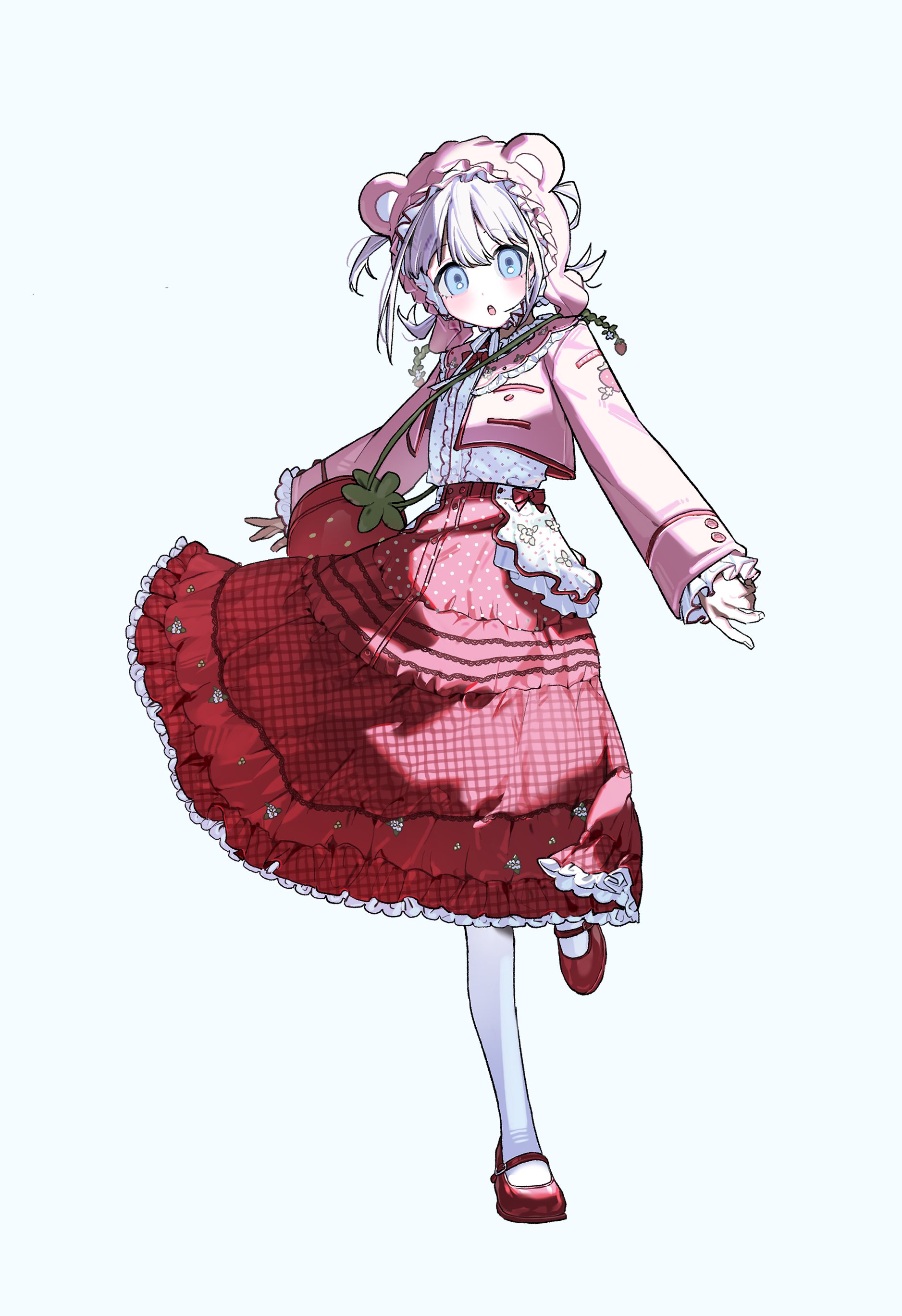 serizawa asahi, idolmaster, idolmaster shiny colors, absurdres, commentary, highres, symbol-only commentary, 1girl, :o, a-pose, animal hood, bag, bear hood, blue eyes, blush, bongzu, bow, buttoned cuffs, buttons, center frills, cropped jacket, dot nose, dress, food-themed bag, frilled dress, frilled hood, frilled shirt, frilled skirt, frilled sleeves, frills, full body, gingham skirt, grey hair, hood, jacket, lolita fashion, long sleeves, looking at viewer, mary janes, open clothes, open jacket, parted lips, pink jacket, polka dot, polka dot shirt, polka dot skirt, purple hood, red bow, red shoes, red skirt, shirt, shoes, shoulder bag, simple background, skirt, socks, solo, standing, standing on one leg, strawberry bag, teeth, upper teeth only, white background, white socks