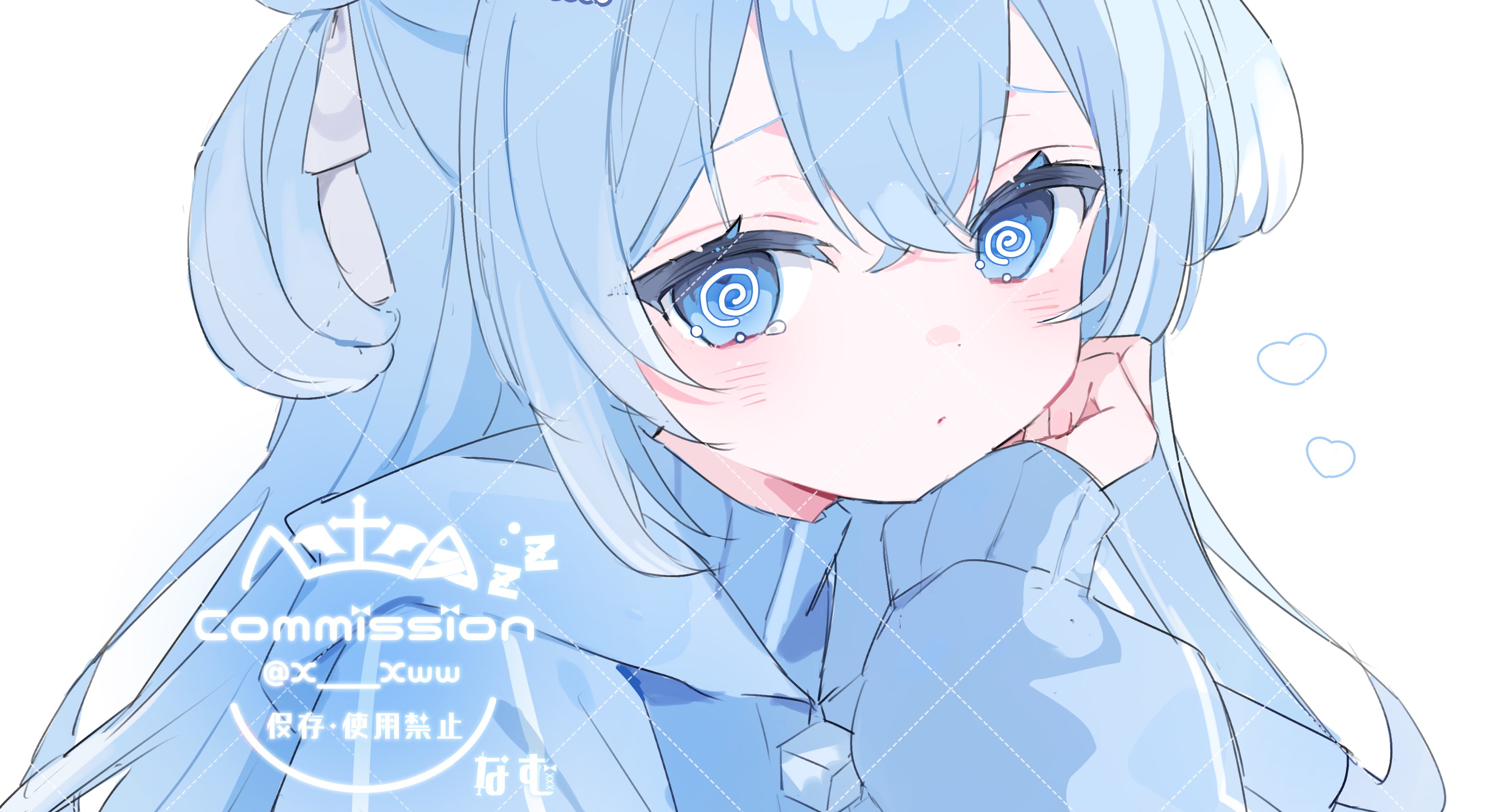 x xww, original, absurdres, commission, highres, skeb commission, 1girl, @ @, blue eyes, blue hair, blue jacket, blue theme, blush, closed mouth, crossed bangs, hair between eyes, head rest, jacket, long hair, long sleeves, looking at viewer, sidelocks, solo, tearing up, track jacket, watermark