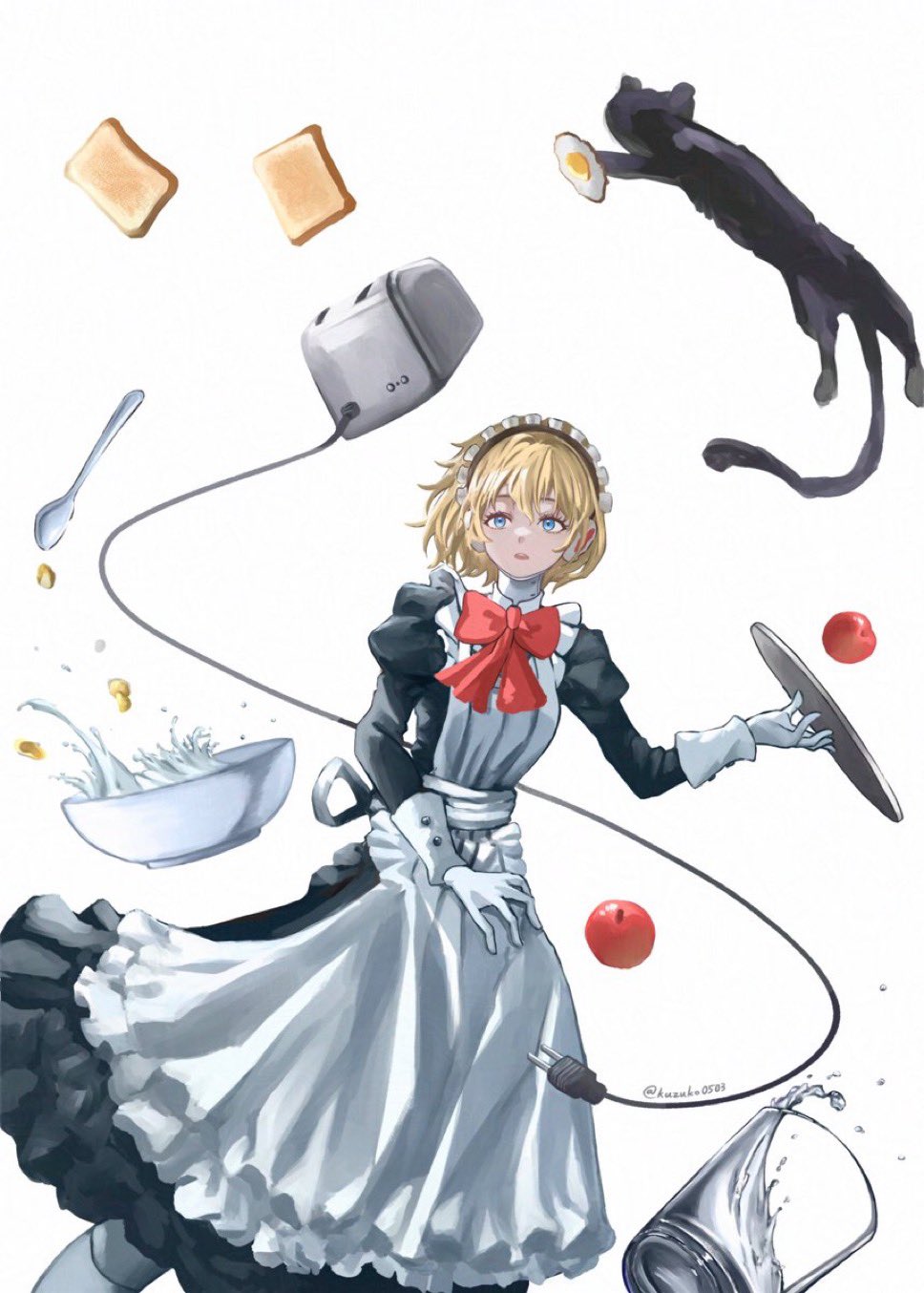 kuzuko0503, aigis (persona), persona, persona 3, commentary request, highres, 1girl, alternate costume, android, apple, apron, black dress, blonde hair, blue eyes, bow, bowl, bread, bread slice, cable, cat, cereal, double-parted bangs, dress, egg (food), feet out of frame, floating food, food, fried egg, fruit, glass, gloves, hair between eyes, holding, holding tray, juliet sleeves, long sleeves, looking ahead, maid, maid headdress, milk, parted lips, puffy sleeves, red bow, robot ears, short hair, simple background, socks, spoon, toast, toaster, tray, twitter username, water, white apron, white background, white gloves, white socks