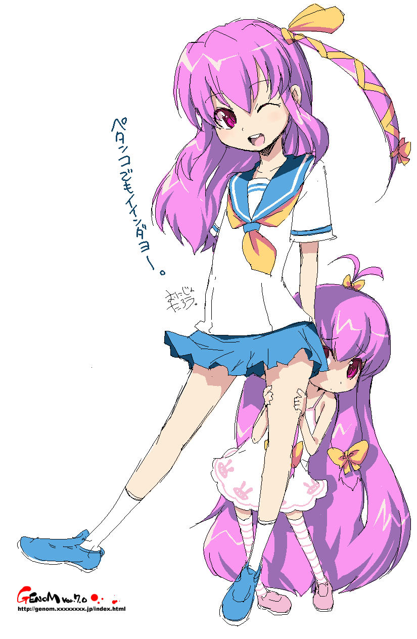 onija tarou, highres, 2girls, long hair, multiple girls, oekaki, purple eyes, purple hair, ribbon, school uniform, serafuku, sketch, very long hair, wink