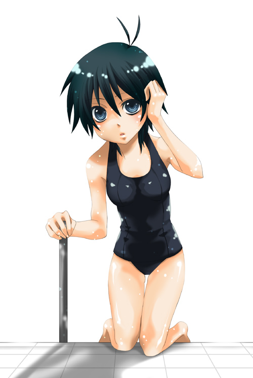 ohlala, kikuchi makoto, idolmaster, idolmaster (classic), idolmaster 1, 00s, 1girl, antenna hair, black one-piece swimsuit, female focus, one-piece swimsuit, school swimsuit, solo, swimsuit