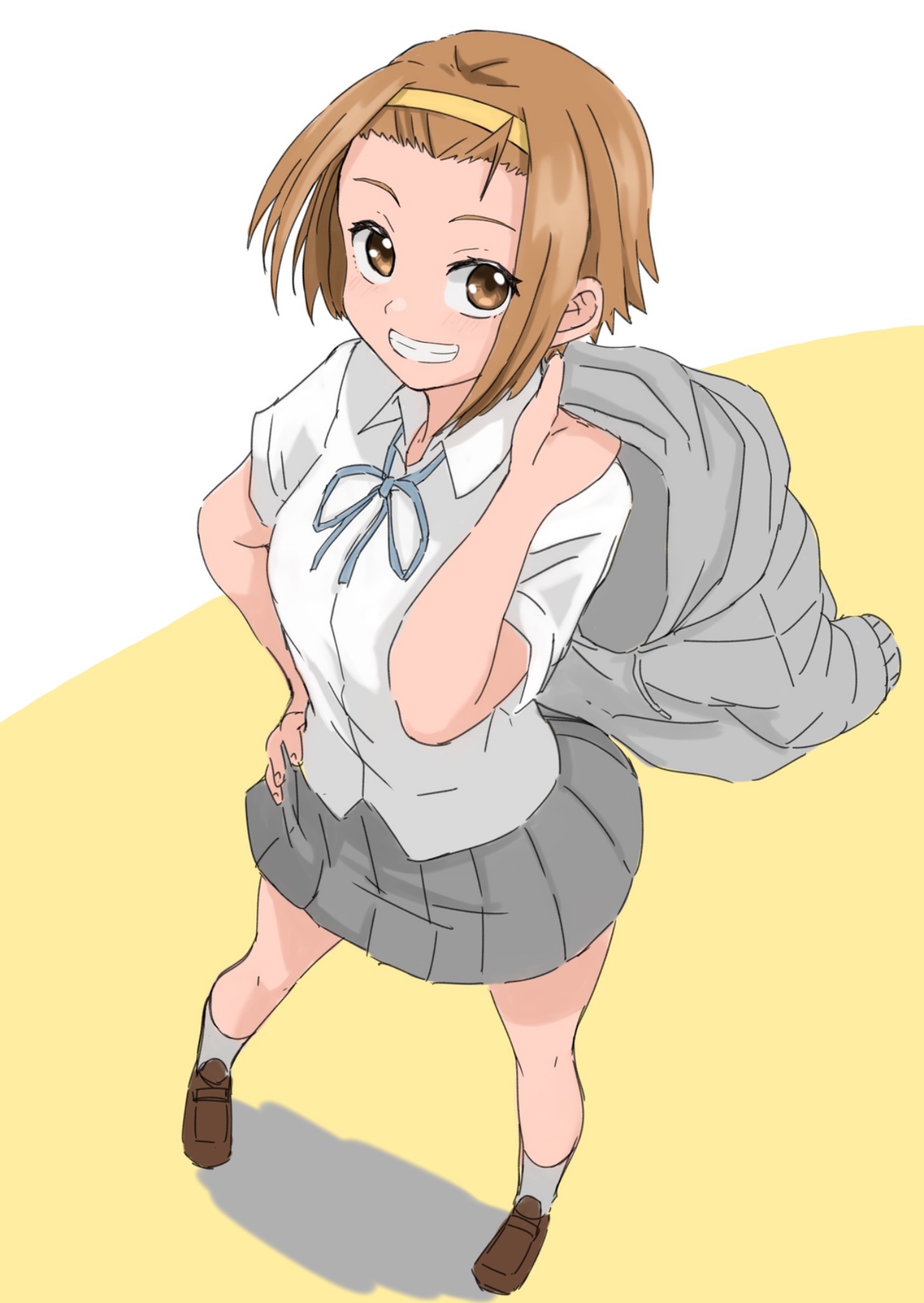 hakuino hakase, tainaka ritsu, k-on!, commentary, highres, 1girl, brown eyes, brown hair, brown shoes, full body, grey jacket, grey skirt, hairband, hand on own hip, holding unworn jacket, jacket, loafers, looking at viewer, neck ribbon, ribbon, shirt, shoes, short hair, skirt, smile, solo, teeth, white shirt, yellow hairband