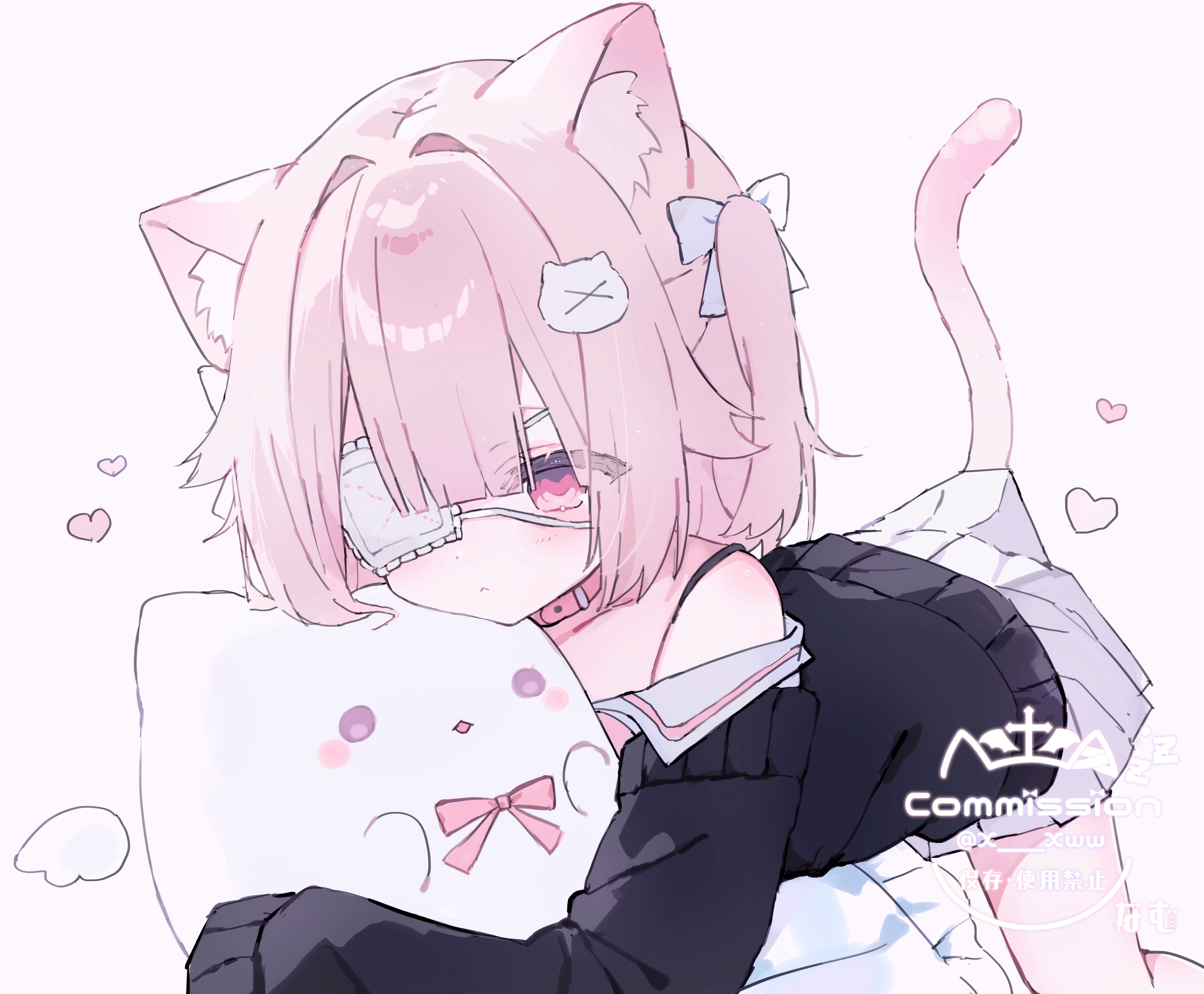 x xww, original, absurdres, commission, highres, skeb commission, 1girl, animal ear fluff, animal ears, black cardigan, black sweater, bow, cardigan, cat ears, cat girl, cat hair ornament, cat tail, collar, eyepatch, hair bow, hair ornament, heart, hugging object, long sleeves, medical eyepatch, off shoulder, pink eyes, pink hair, pleated skirt, simple background, skirt, sleeves past fingers, sleeves past wrists, solo, stuffed animal, stuffed toy, sweater, tail, two side up, white bow, white skirt