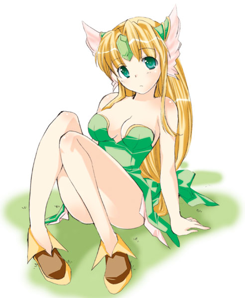 mizushima aru, riesz, seiken densetsu, seiken densetsu 3, 1girl, arm support, blonde hair, blue eyes, breasts, female focus, long hair, low-tied long hair, solo