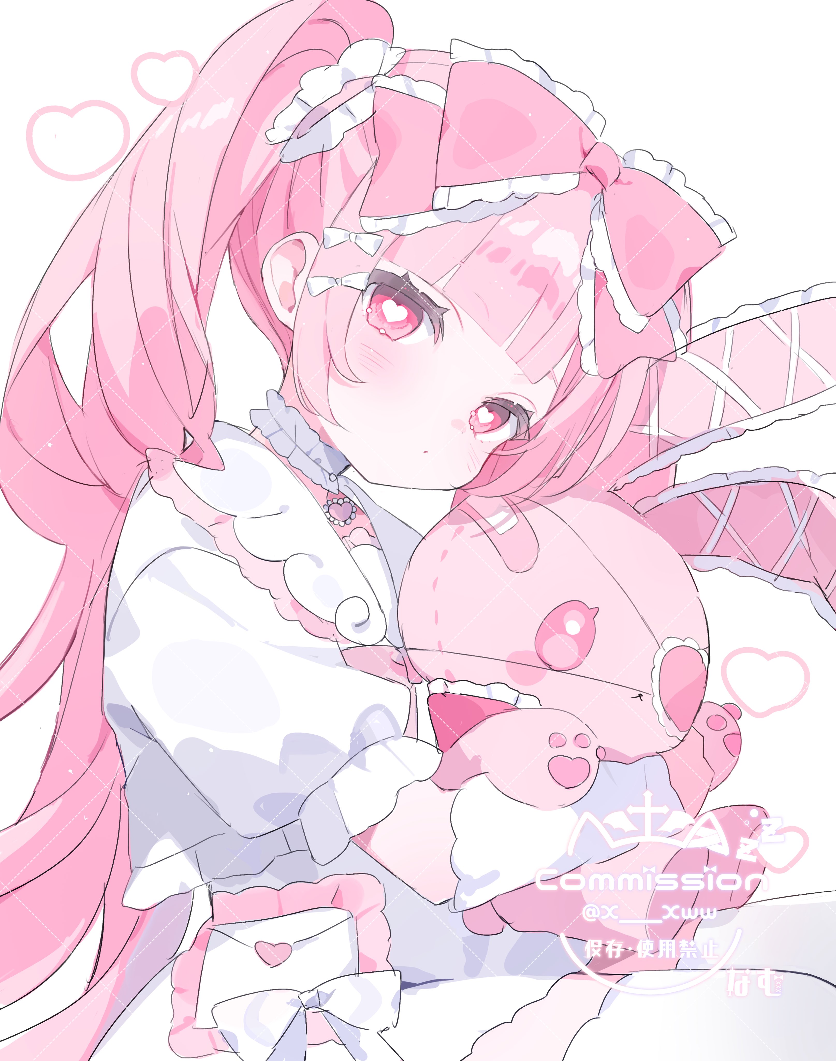 x xww, original, absurdres, commission, highres, skeb commission, 1girl, blunt bangs, bow, choker, closed mouth, dress, frilled bow, frilled choker, frills, hair bow, heart, heart-shaped pupils, holding, holding stuffed toy, lolita fashion, long hair, looking at viewer, pink bow, pink eyes, pink hair, short sleeves, sidelocks, simple background, solo, stuffed animal, stuffed rabbit, stuffed toy, symbol-shaped pupils, twintails, white background, white dress
