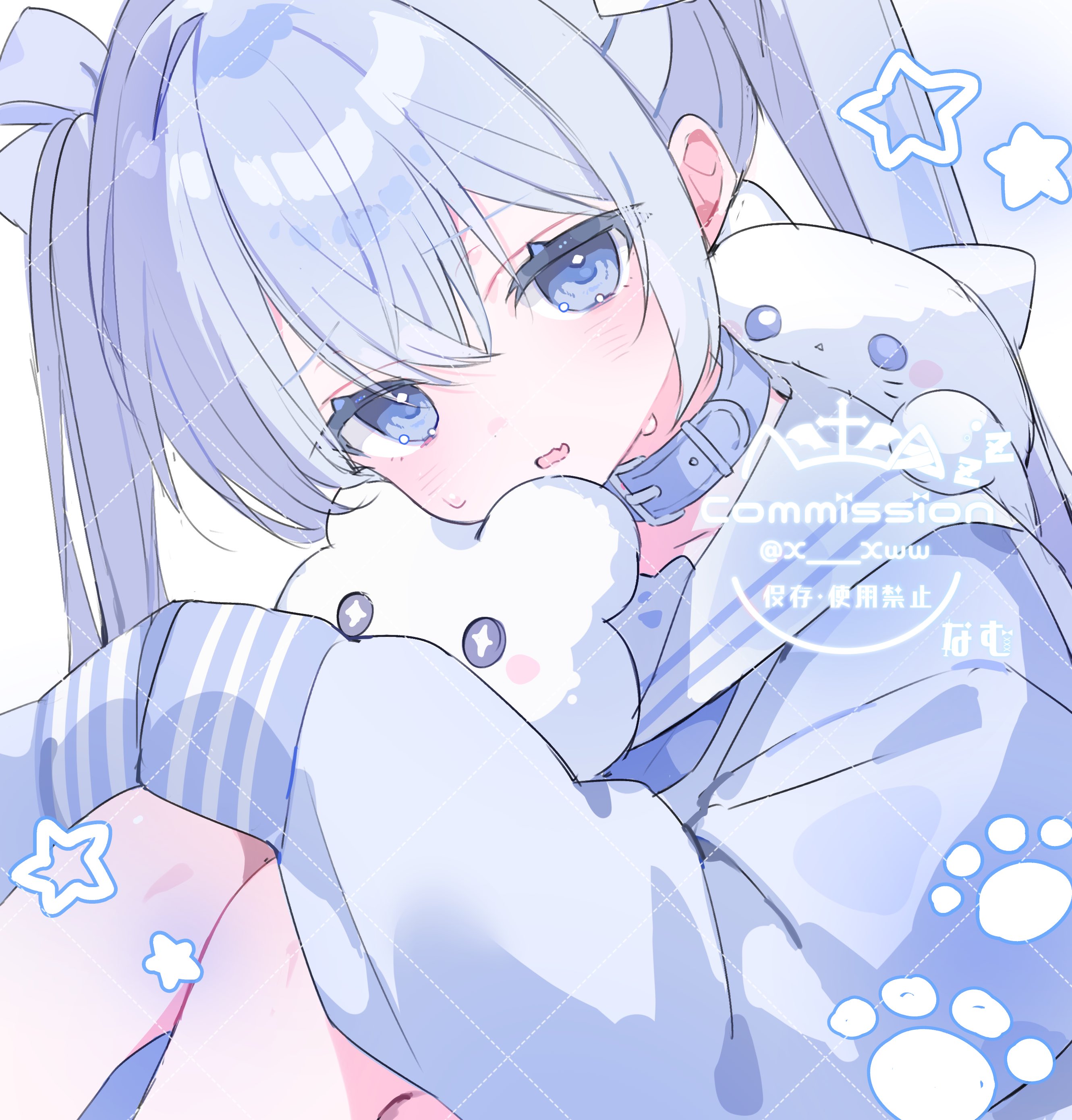 x xww, original, absurdres, commission, highres, skeb commission, 1girl, animal collar, belt collar, blue collar, blue eyes, blue hair, blue theme, blush, collar, fang, hair between eyes, hair ribbon, knees up, long hair, long sleeves, looking at viewer, open mouth, paw print, ribbon, sailor collar, school uniform, serafuku, shirt, sidelocks, sleeves past fingers, sleeves past wrists, solo, star (symbol), stuffed animal, stuffed toy, twintails, watermark, white background, white sailor collar, white serafuku