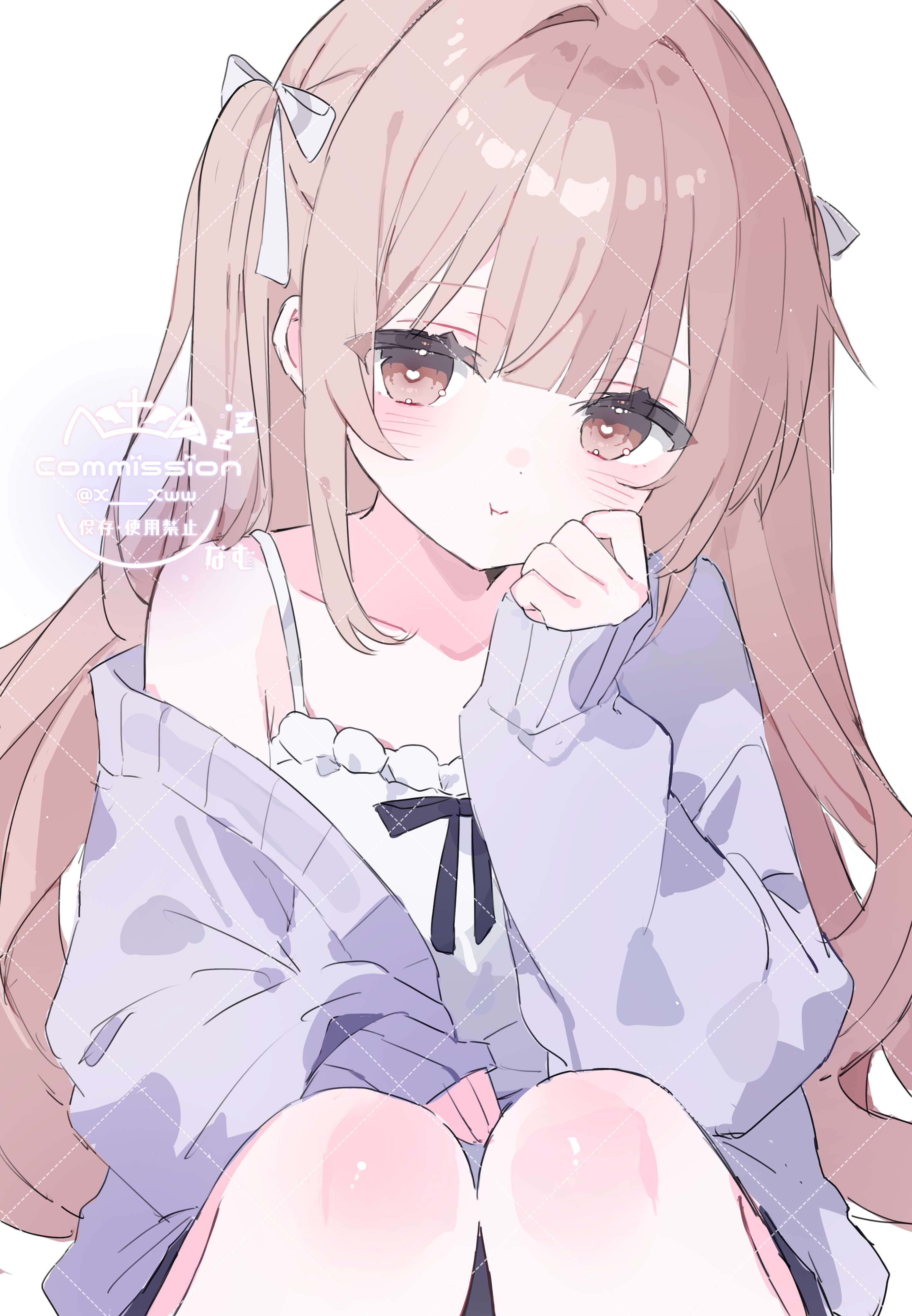 x xww, original, absurdres, commission, highres, skeb commission, 1girl, :t, black ribbon, blush, brown eyes, brown hair, camisole, cardigan, closed mouth, collarbone, dot nose, dress, hair ribbon, hand on own cheek, hand on own face, heart, heart-shaped pupils, long hair, long sleeves, looking at viewer, off shoulder, open cardigan, open clothes, pout, purple cardigan, ribbon, sidelocks, simple background, single off shoulder, sleeves past wrists, solo, spaghetti strap, symbol-shaped pupils, watermark, white background, white camisole, white dress