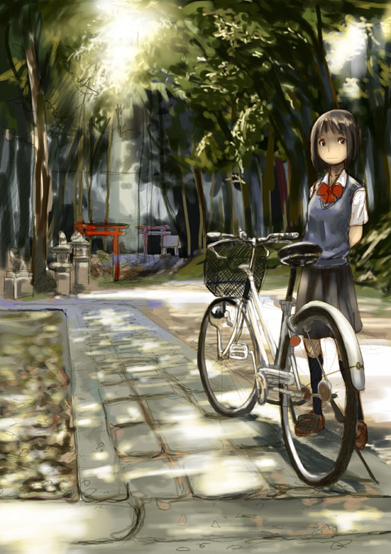 shaun (nine o), original, 1girl, :|, arms behind back, bicycle, black hair, black skirt, black socks, blunt bangs, bow, bowtie, brown eyes, brown shoes, closed mouth, collared shirt, dappled sunlight, day, female focus, kneehighs, looking at viewer, outdoors, pavement, red bow, red bowtie, school uniform, serafuku, shirt, shoes, short hair, short sleeves, skirt, socks, solo, standing, stone lantern, sunlight, sweater, sweater vest, torii, tree, vest, white shirt