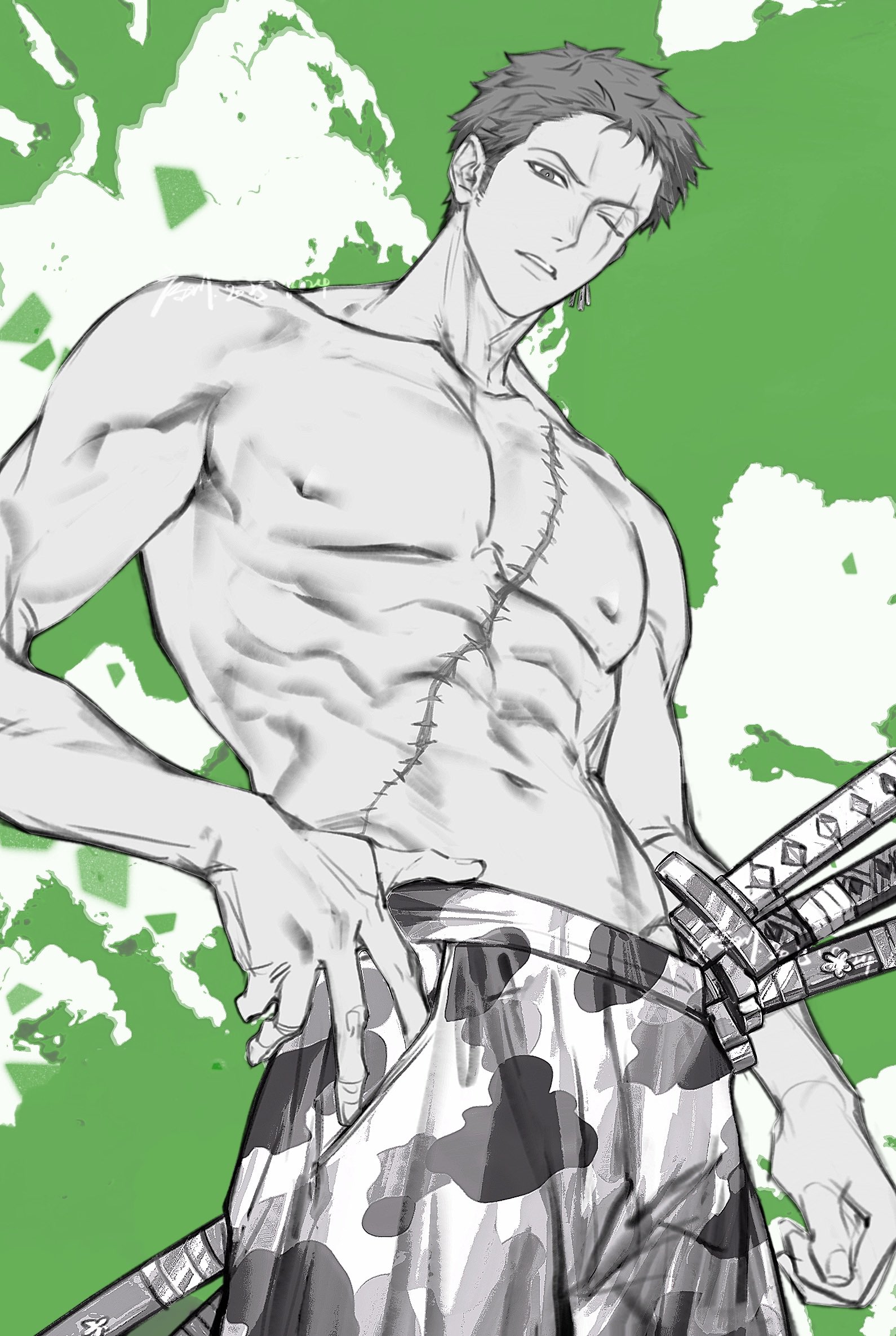 xuchuan, roronoa zoro, one piece, commentary, highres, unfinished, 1boy, abs, artist name, collarbone, cowboy shot, dated, from below, greyscale with colored background, hand on own hip, katana, looking at viewer, male focus, muscular, muscular male, navel, one eye closed, parted lips, scar, scar across eye, scar on face, sheath, sheathed, short hair, sketch, solo, stitched torso, stitches, sword, topless male, weapon