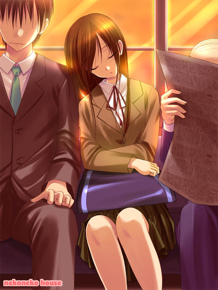takepon, original, 1girl, blazer, closed eyes, jacket, school uniform, sitting, sleeping, sleeping upright, solo focus, train, train interior