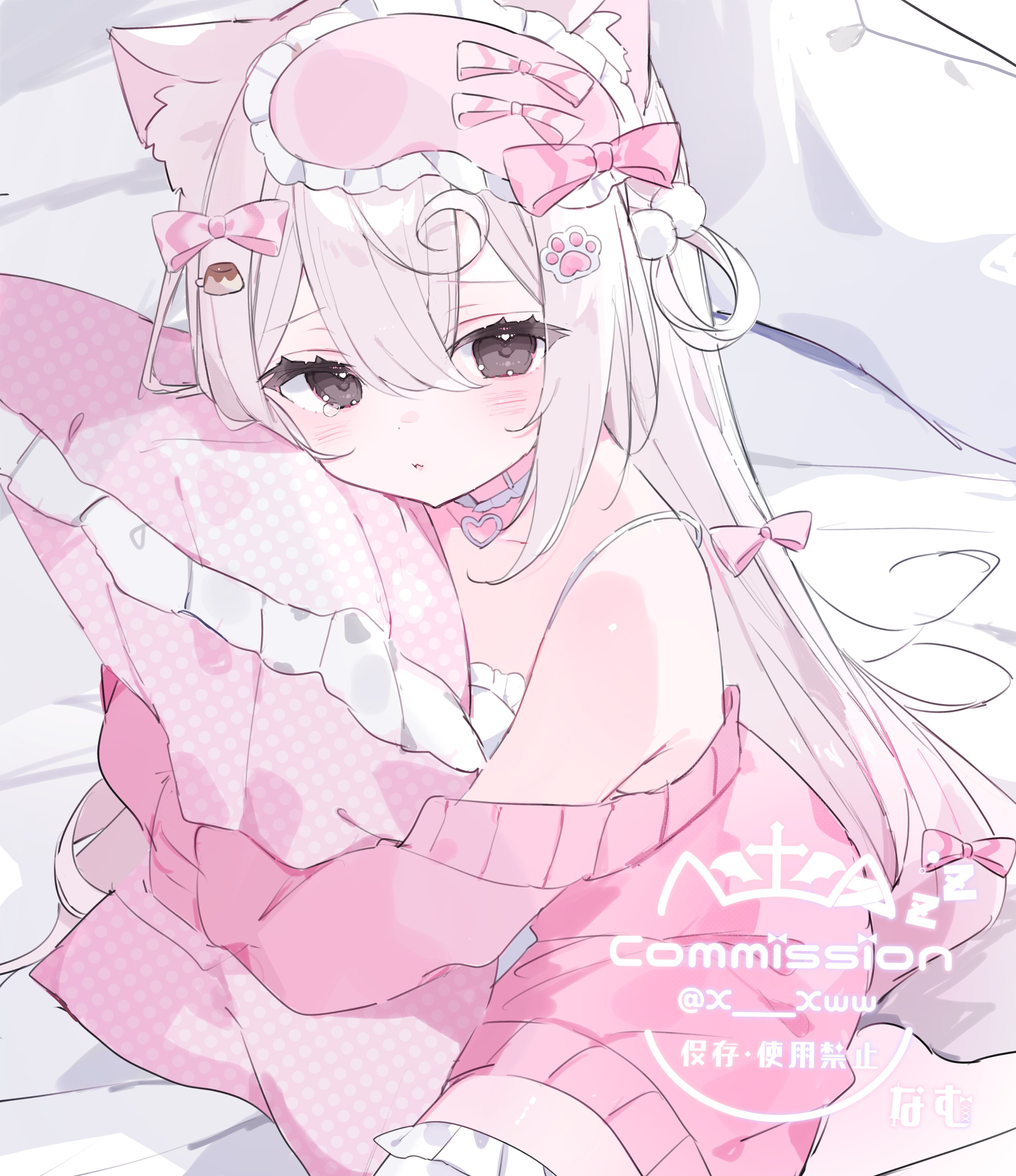 x xww, original, absurdres, commission, highres, skeb commission, 1girl, animal ear fluff, animal ears, bare shoulders, blush, bow, camisole, cat ears, cat girl, choker, eye mask, frilled pillow, frills, hair between eyes, hair bow, hair ornament, heart, heart choker, hugging object, long hair, long sleeves, looking at viewer, mask, mask on head, off shoulder, parted lips, pillow, pillow hug, pink bow, pink sweater, sleep mask, solo, sweater, tail, very long hair, watermark, white camisole, white hair
