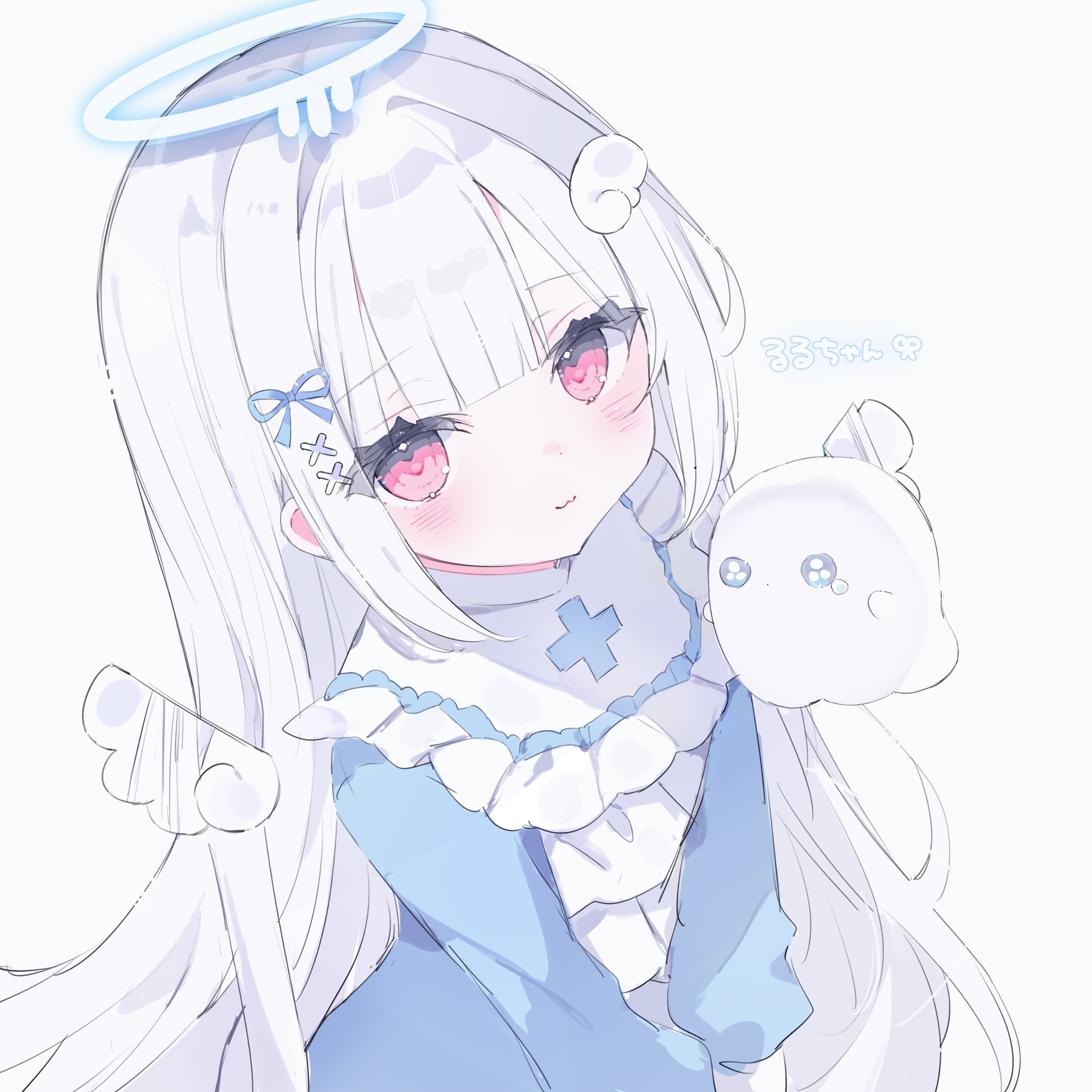 x xww, absurdres, character request, copyright request, highres, 1girl, angel, angel wings, blue dress, blunt bangs, blush, closed mouth, cross hair ornament, detached wings, dress, hair ornament, hair ribbon, halo, heart, long hair, long sleeves, looking at viewer, mini wings, red eyes, ribbon, simple background, solo, symbol-shaped pupils, very long hair, white hair, wing hair ornament, wings