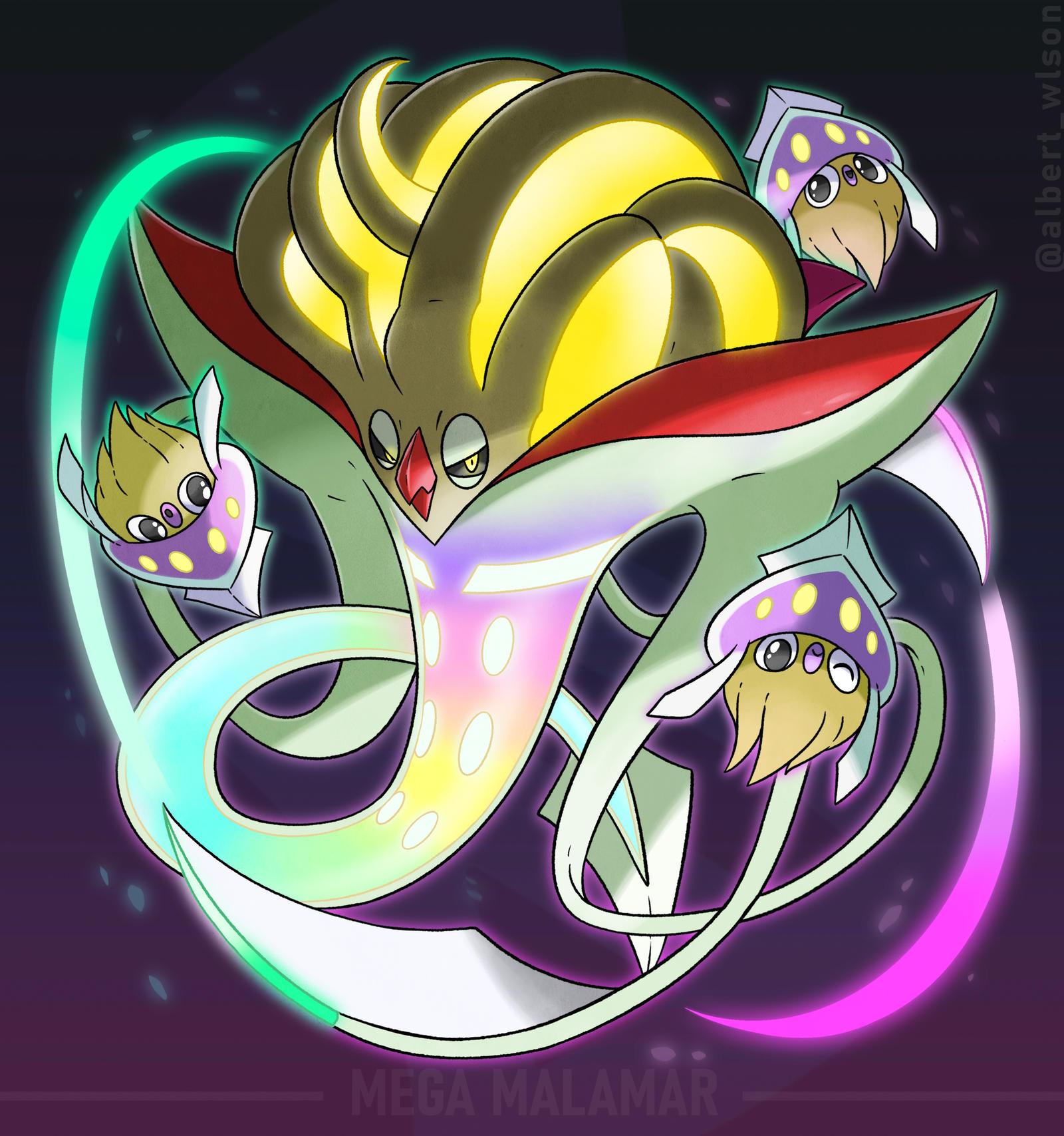 albrt-wlson, inkay, malamar, mega malamar, nintendo, pokemon, commentary, english commentary, highres, non-web source, :o, alternate color, beak, black sclera, character name, closed mouth, colored sclera, evolutionary line, gen 6 pokemon, mega pokemon, no humans, one eye closed, open mouth, pokemon (creature), pokemon focus, shiny pokemon, smile, squid, tentacles, yellow eyes