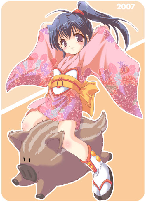 mizushiro takuya, original, 00s, 1girl, 2007, arms behind back, black hair, boar, brown hair, female focus, japanese clothes, kimono, new year, ponytail, riding, short kimono, smile, solo, wide sleeves