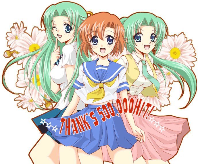 sinko (sinsin), ryuuguu rena, sonozaki mion, sonozaki shion, higurashi no naku koro ni, 00s, 3girls, ;d, black background, blue eyes, blue skirt, blush, daisy (flower), flower, green hair, half updo, looking at viewer, milestone celebration, multiple girls, one eye closed, open mouth, orange hair, pink skirt, pleated skirt, purple eyes, sailor collar, school uniform, serafuku, short hair, short sleeves, siblings, simple background, sisters, skirt, smile, transparent background, twins