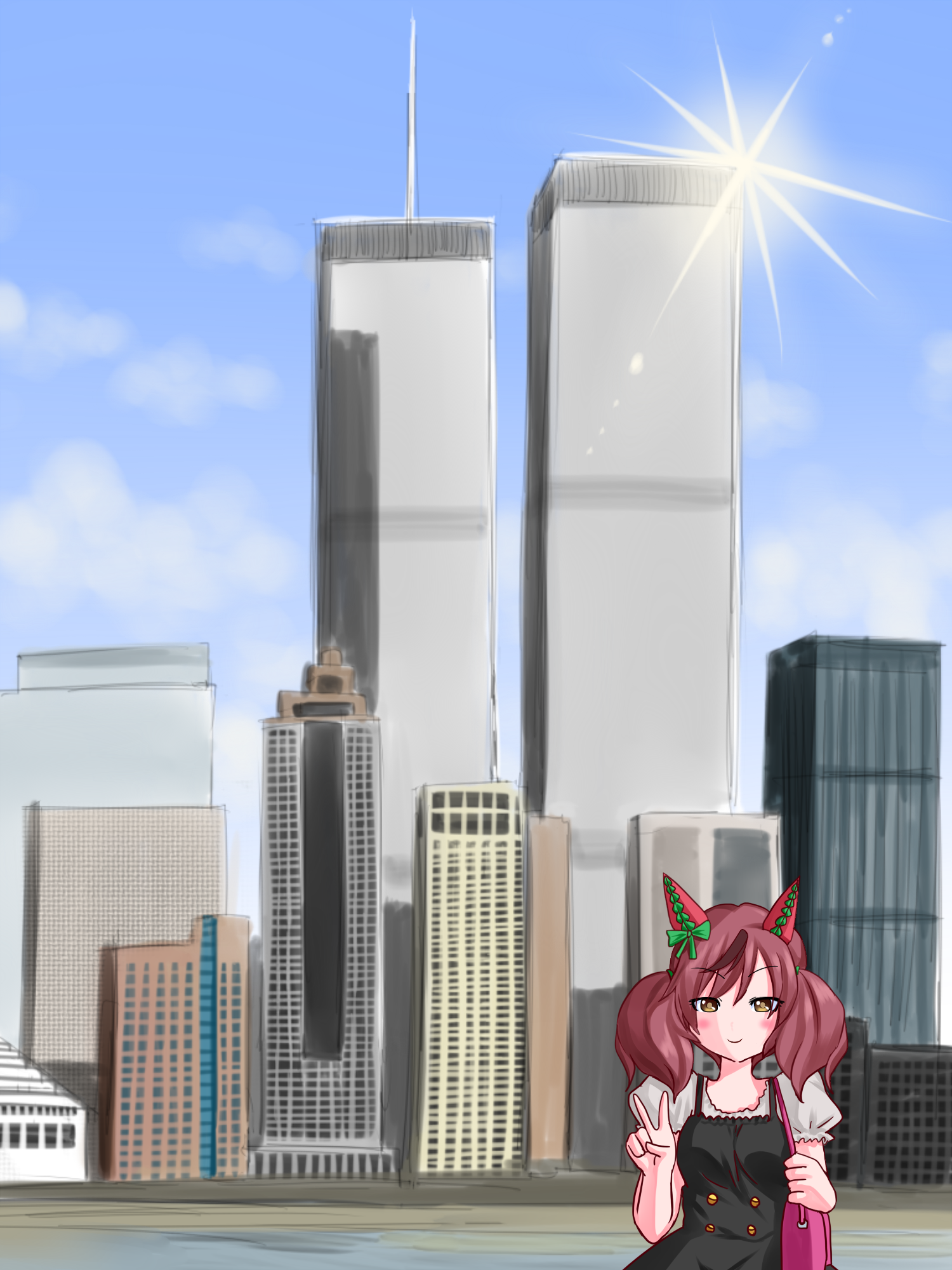 naccha (nawacchi), nice nature (umamusume), umamusume, commentary request, highres, 1girl, alternate costume, animal ears, bag, breasts, brown eyes, brown hair, building, casual, hair between eyes, hair ornament, horse ears, horse girl, looking at viewer, medium breasts, new york city, sky, skyscraper, smile, solo, united states, v, world trade center