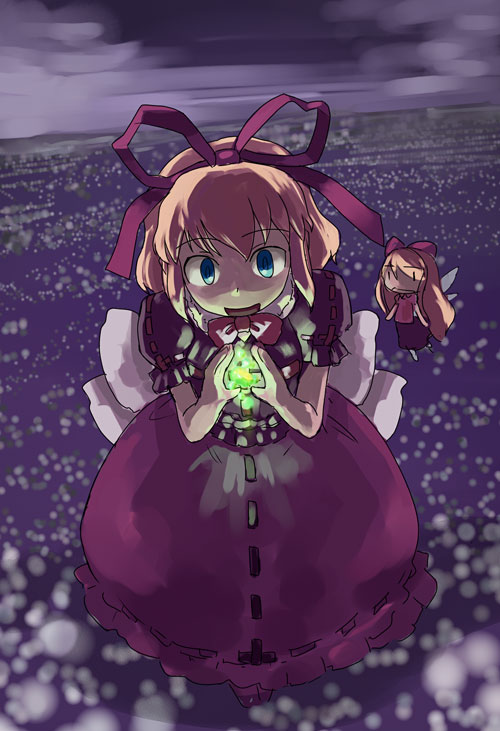 hirosato, medicine melancholy, su-san, touhou, 2girls, blonde hair, blue eyes, bubble skirt, fairy wings, female focus, glowing, looking at viewer, multiple girls, night, outdoors, short hair, skirt, sky, wings