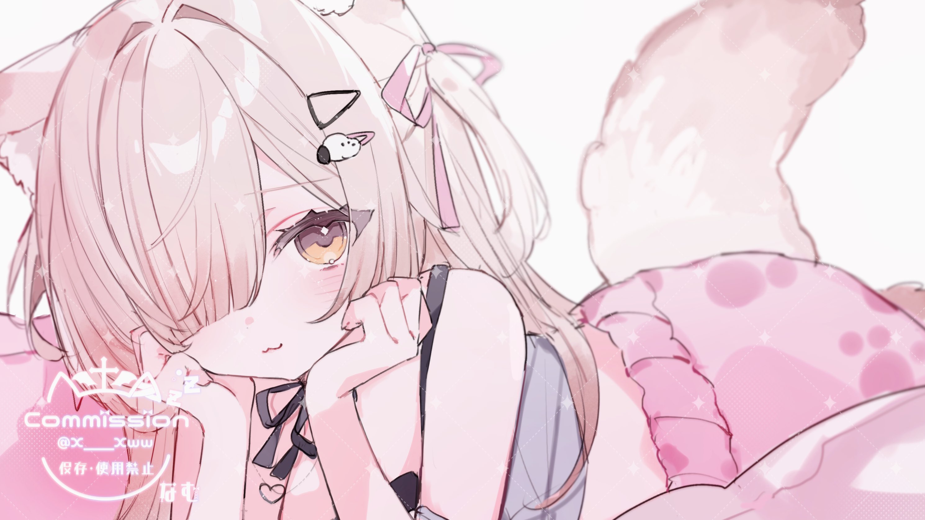 x xww, original, commission, highres, skeb commission, 1girl, :3, animal ears, brown eyes, camisole, fox ears, fox girl, fox tail, hair ornament, hair ribbon, hairclip, head rest, jewelry, long hair, looking at viewer, lying, necklace, pink skirt, ribbon, skirt, solo, tail, underwear