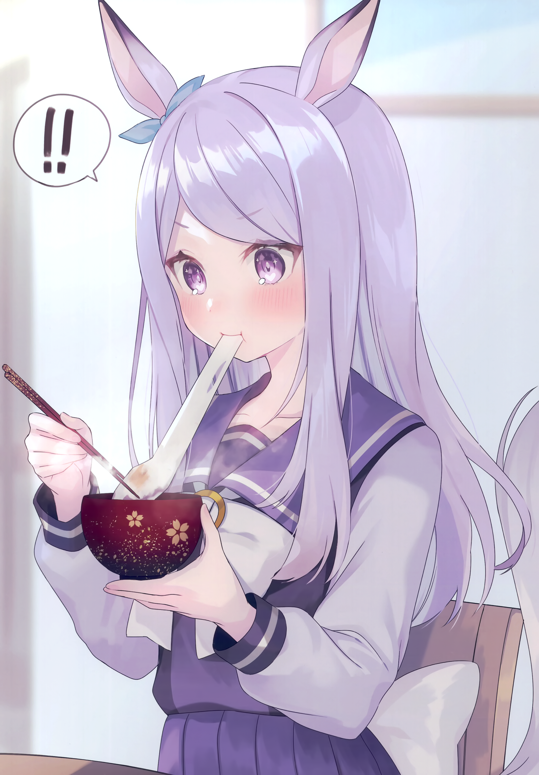 suzuho hotaru, mejiro mcqueen (umamusume), umamusume, absurdres, highres, third-party source, !, !!, 1girl, animal ears, blush, bow, bowl, bowtie, chair, chopsticks, collarbone, ear bow, eating, food, green bow, holding, holding bowl, holding chopsticks, horse ears, horse girl, horse tail, long hair, long sleeves, mochi, mochi trail, pleated skirt, purple eyes, purple hair, purple sailor collar, purple shirt, purple skirt, sailor collar, school uniform, shirt, skirt, solo, spoken exclamation mark, tail, tracen school uniform, upper body, white bow, white bowtie, winter uniform