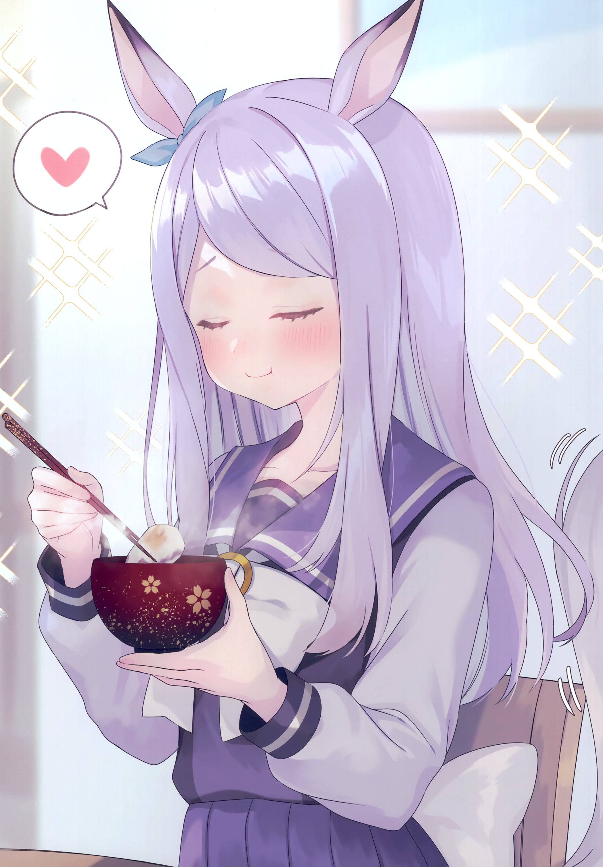 suzuho hotaru, mejiro mcqueen (umamusume), umamusume, absurdres, highres, third-party source, 1girl, animal ears, blush, bow, bowl, bowtie, chair, chopsticks, closed eyes, closed mouth, collarbone, ear bow, food, green bow, heart, holding, holding bowl, holding chopsticks, horse ears, horse girl, horse tail, long hair, long sleeves, mochi, pleated skirt, purple hair, purple sailor collar, purple shirt, purple skirt, sailor collar, school uniform, shirt, skirt, smile, solo, sparkle, sparkling aura, spoken heart, tail, tail wagging, tracen school uniform, upper body, white bow, white bowtie, winter uniform