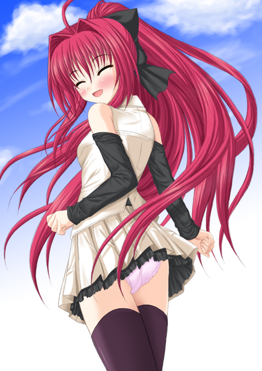 minamori noeru, corticarte apa lagranges, original, shinkyoku soukai polyphonica, 00s, 1girl, blush, closed eyes, cloud, dutch angle, female focus, looking back, miniskirt, open mouth, outdoors, panties, pantyshot, skirt, sky, smile, solo, thighhighs, underwear, zettai ryouiki