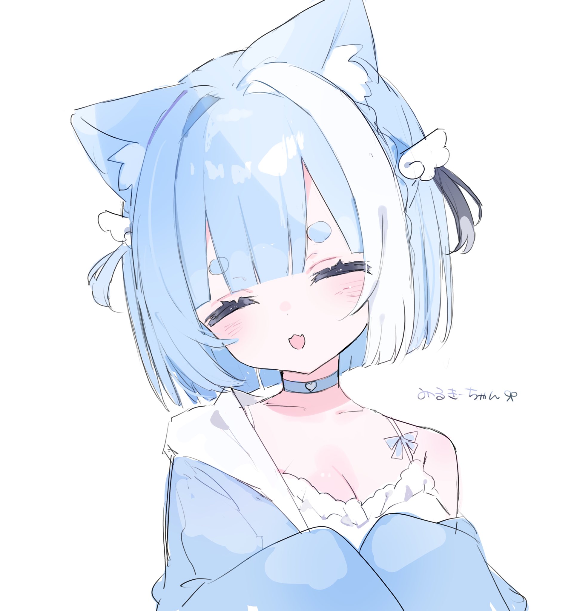 x xww, character request, copyright request, highres, 1girl, animal ear fluff, animal ears, blue choker, blue hair, breasts, cat ears, choker, cleavage, closed eyes, hair ornament, jacket, multicolored hair, open mouth, short hair, simple background, smile, solo, two-tone hair, upper body, virtual youtuber, white background, white hair, wing hair ornament