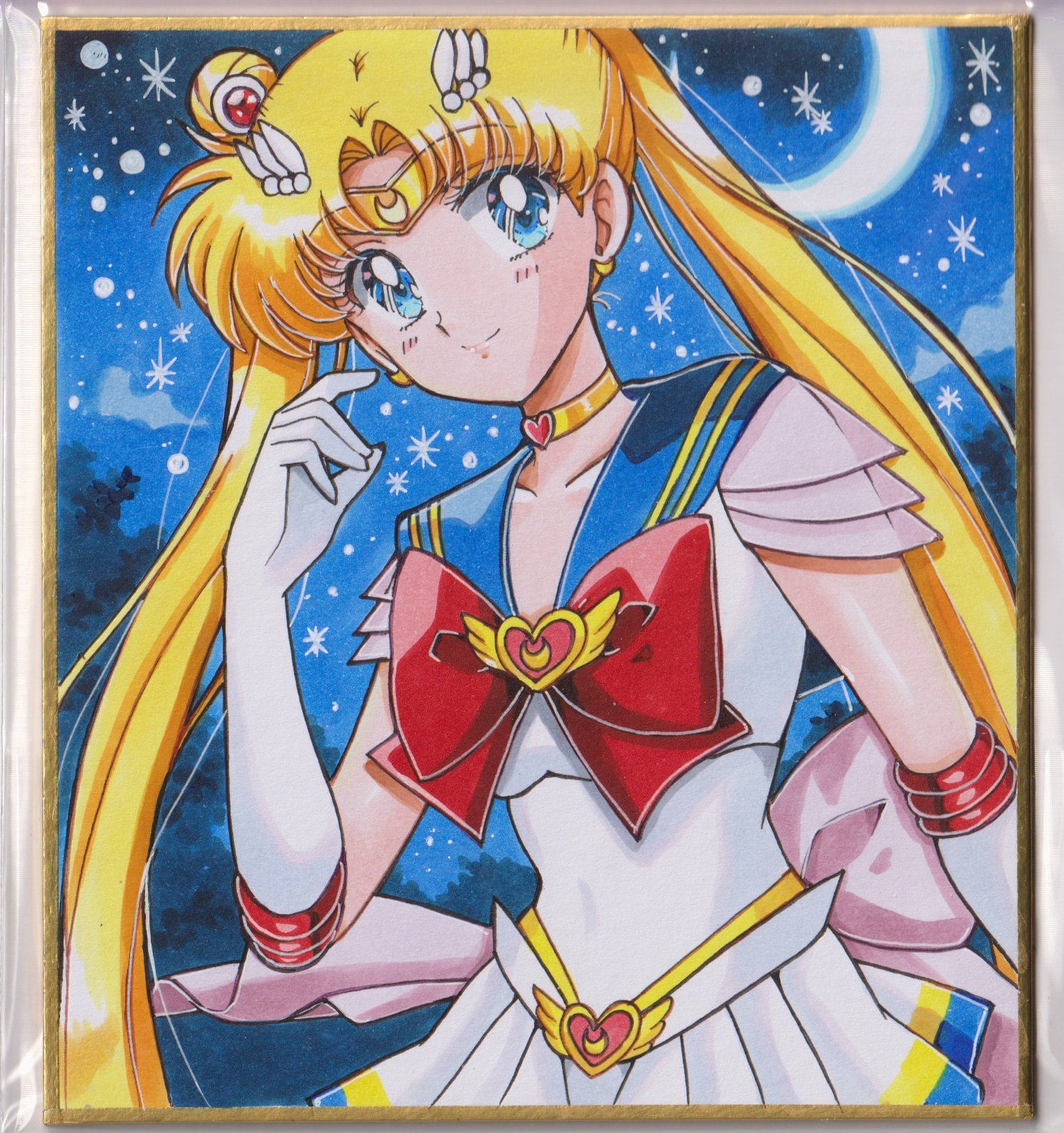 chikoto (kztc4472), sailor moon, tsukino usagi, bishoujo senshi sailor moon, commentary, highres, 1girl, back bow, blonde hair, blue eyes, blush, bow, bowtie, brooch, closed mouth, cowboy shot, elbow gloves, gloves, hand up, heart, heart brooch, jewelry, long hair, looking at viewer, parted bangs, pink bow, pleated skirt, red bow, red bowtie, sailor senshi uniform, shirt, short sleeves, skirt, smile, solo, twintails, white gloves, white shirt, white skirt