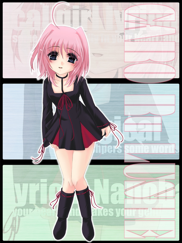 frapowa, caro ru lushe, lyrical nanoha, mahou shoujo lyrical nanoha, mahou shoujo lyrical nanoha strikers, 00s, 1girl, :o, ahoge, black boots, black dress, boots, character name, copyright name, dress, female focus, full body, knee boots, long sleeves, looking at viewer, parted lips, pink hair, solo, standing