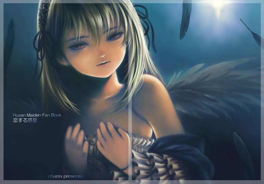 toshi hiroshi, suigintou, rozen maiden, 00s, 1girl, bare shoulders, covering breasts, covering privates, doll joints, feathers, female focus, frilled sleeves, frills, gothic lolita, joints, lolita fashion, long hair, looking at viewer, off shoulder, parted lips, red eyes, solo, upper body, wings