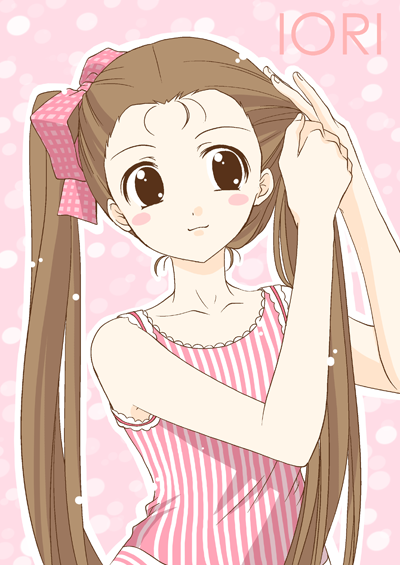 itsuki sayaka, minase iori, idolmaster, idolmaster (classic), idolmaster 1, striped, 00s, 1girl, adjusting hair, bare shoulders, blush, character name, collarbone, female focus, hair ribbon, looking at viewer, pink background, red ribbon, ribbon, simple background, sleeveless, solo, standing, tank top, tying hair, upper body