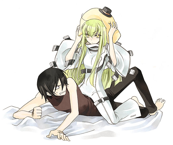 fujioka youko, c.c., cheese-kun, lelouch vi britannia, code geass, pizza hut, 00s, 1boy, 1girl, girl on top, hat, straddling