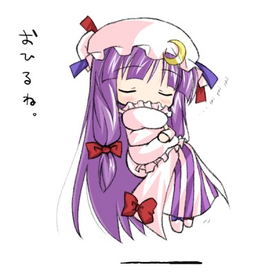 mizuno kurage, patchouli knowledge, touhou, lowres, 1girl, blush, bow, closed eyes, crescent, female focus, floating, frilled pillow, frills, hair bow, hat, hugging object, long hair, pillow, pillow hug, purple hair, sleeping, solo, zzz