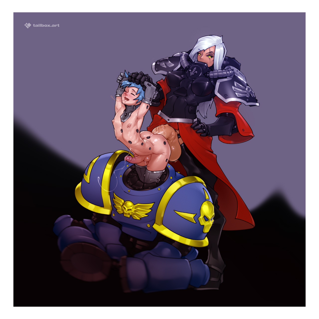 tailbox, adepta sororitas, adeptus astartes, ultramarines, warhammer 40k, highres, 1boy, 1girl, anal, armor, blue hair, breasts, closed eyes, erection, full body, futa on male, futa with male, futanari, gigantic penis, large breasts, metal gloves, nipples, pauldrons, penis, power armor, shoulder armor, skinny, standing, winged skull, yellow eyes
