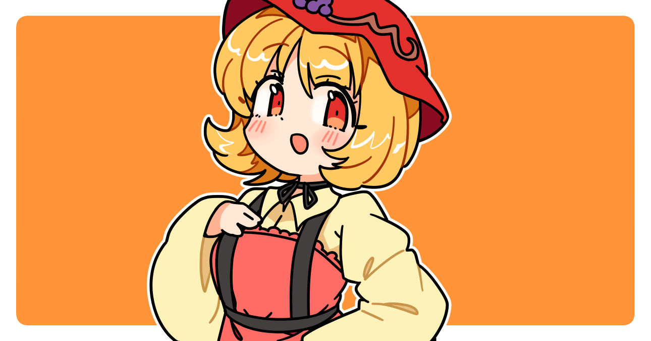 ini (inunabe00), aki minoriko, touhou, commentary, 1girl, :d, apron, blonde hair, blush, border, collared shirt, dot nose, hand up, hat, long sleeves, looking at viewer, mob cap, open mouth, orange background, outline, outside border, red apron, red eyes, red hat, shirt, short hair, simple background, smile, solo, upper body, white background, white border, white outline, yellow shirt